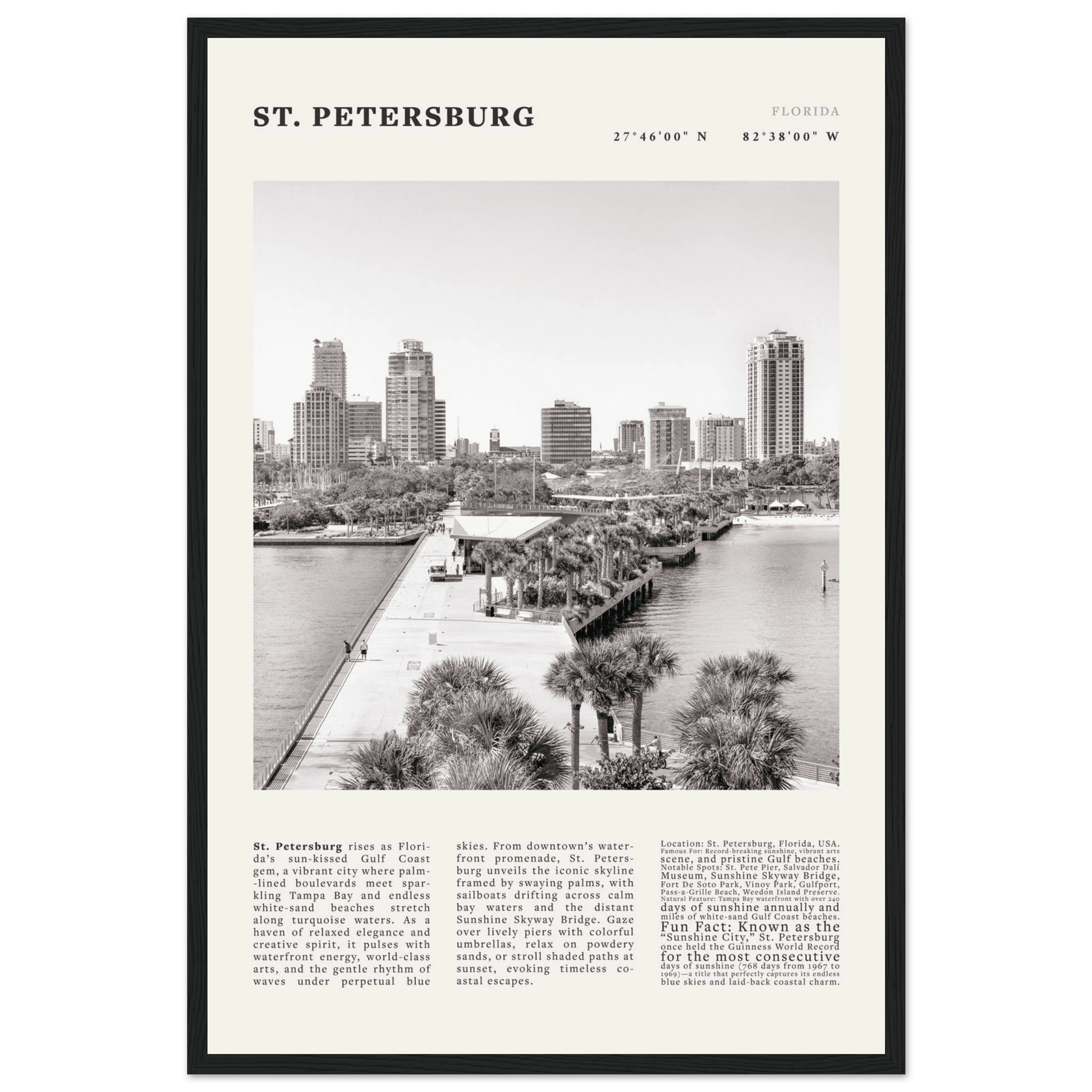St. Petersburg Florida Poster Black and White – Vintage St Pete Skyline Print (Digital & Printed Options) - Evergreen Posters