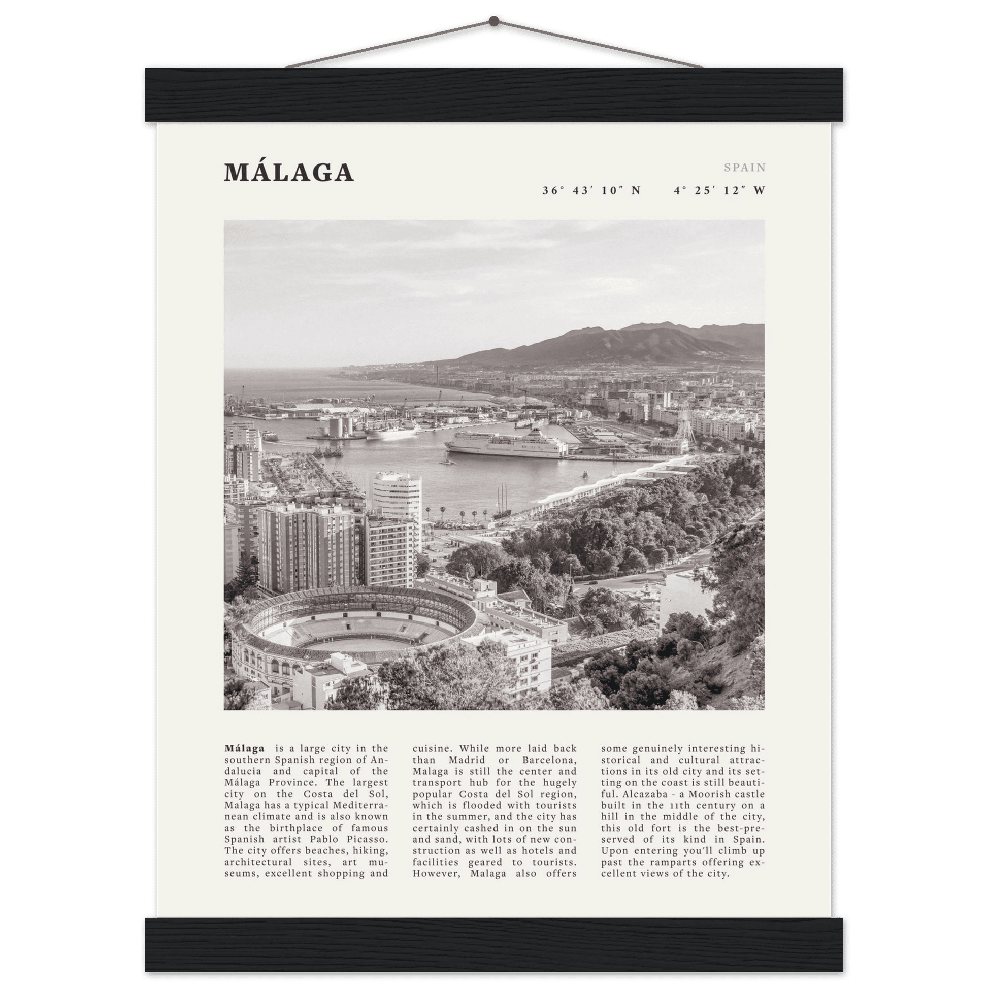 Málaga Poster | Black & White Costa del Sol Wall Art | Spain Travel Print - Evergreen Posters