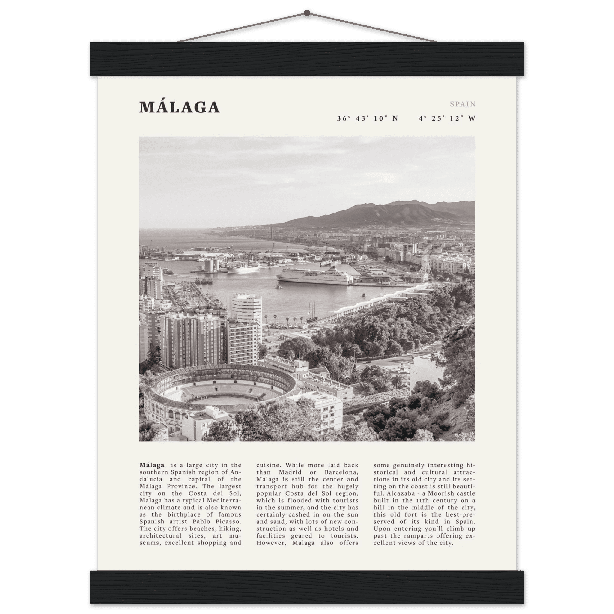 Málaga Poster | Black & White Costa del Sol Wall Art | Spain Travel Print - Evergreen Posters