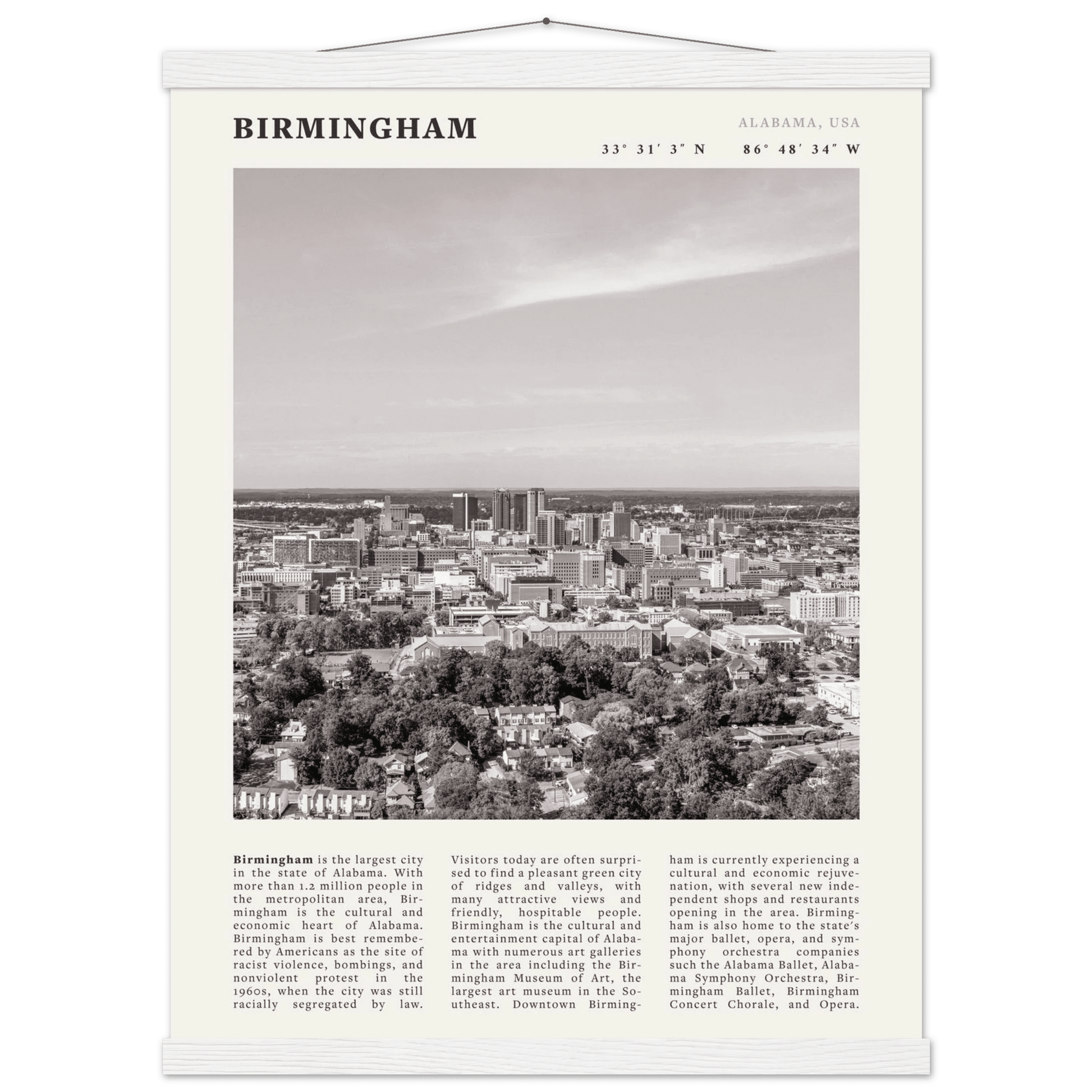 Birmingham Poster | Black & White Alabama Skyline Wall Art | AL Travel Print - Evergreen Posters