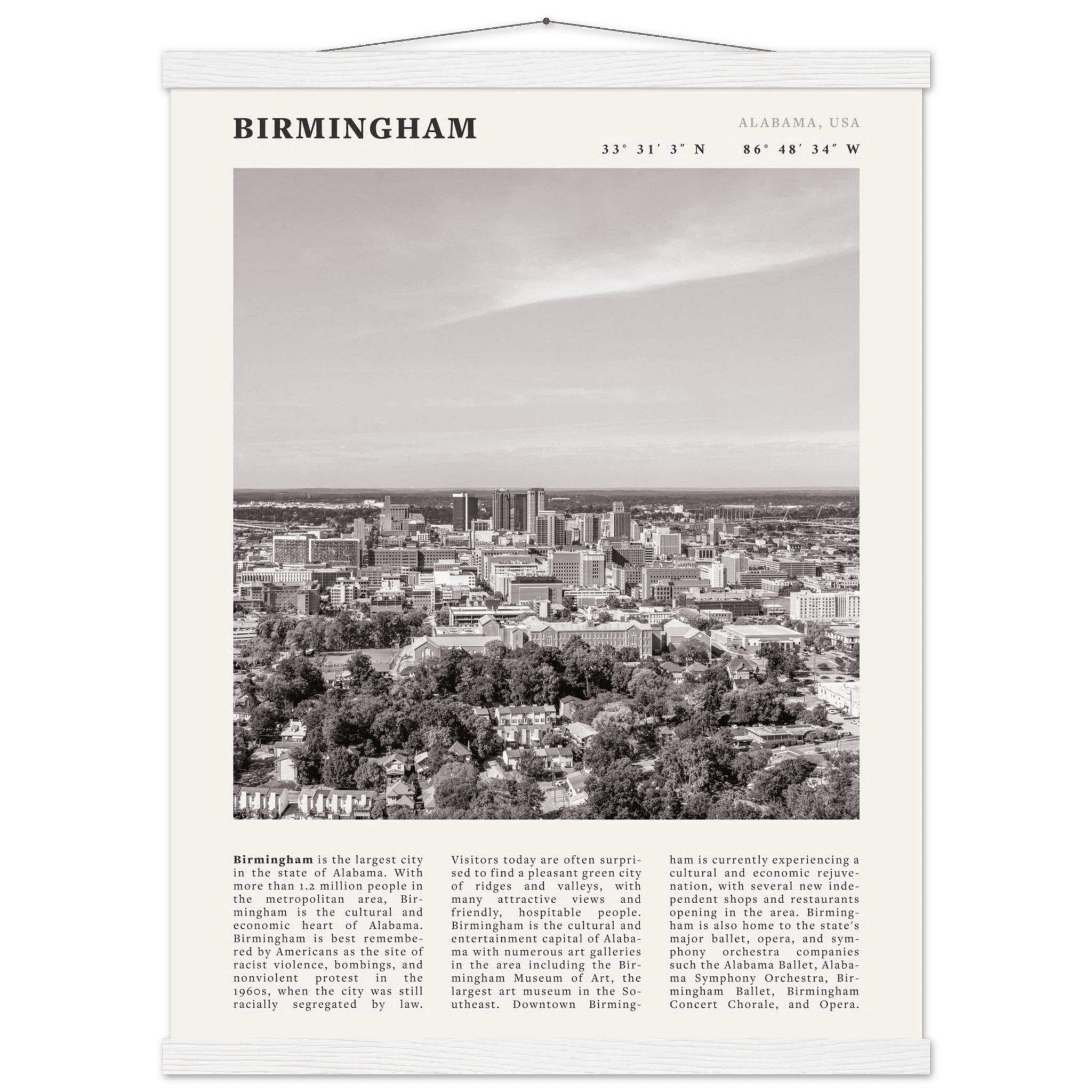 Birmingham Poster | Black & White Alabama Skyline Wall Art | AL Travel Print - Evergreen Posters