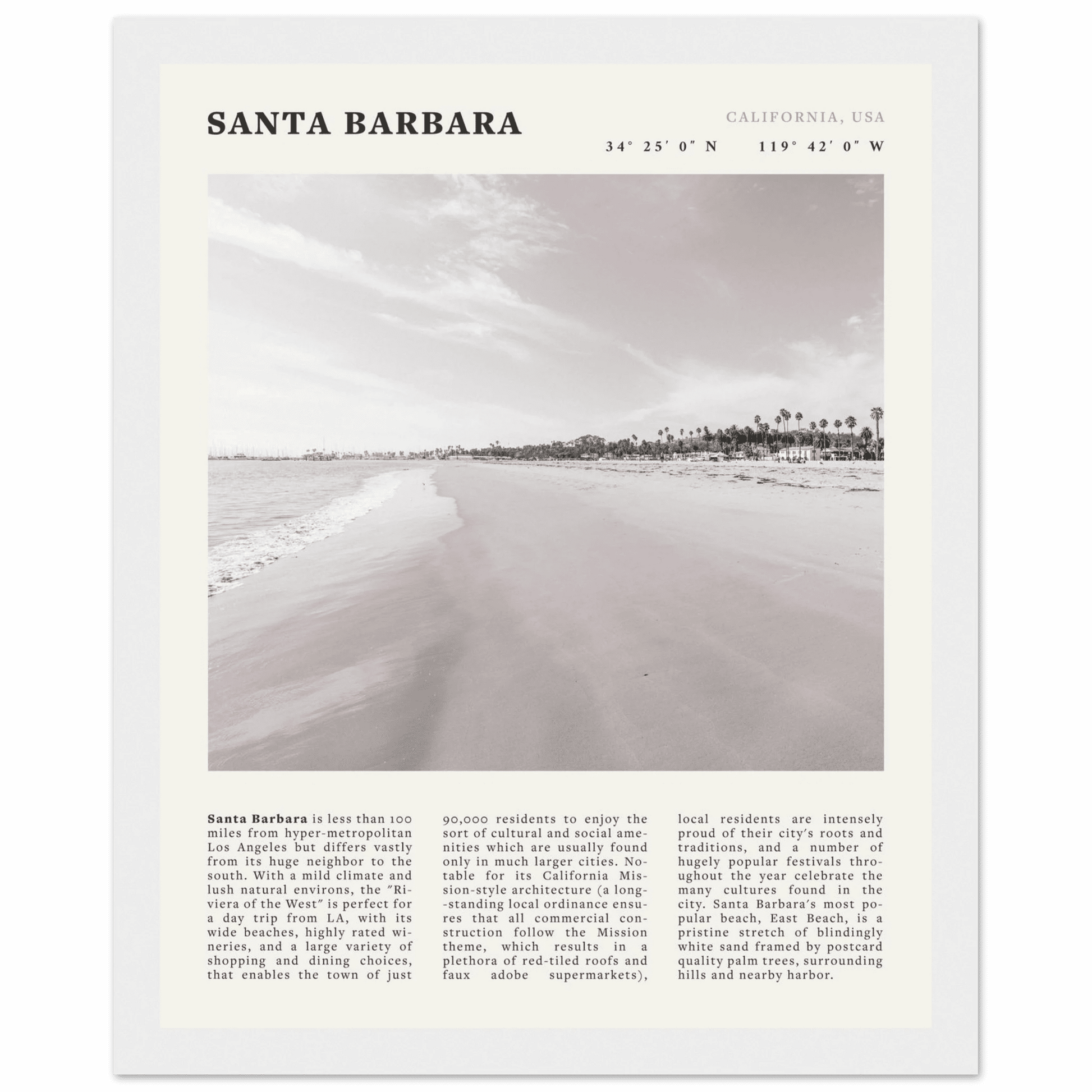 Santa Barbara Poster | Black & White California Beach Wall Art | CA Travel Print - Evergreen Posters