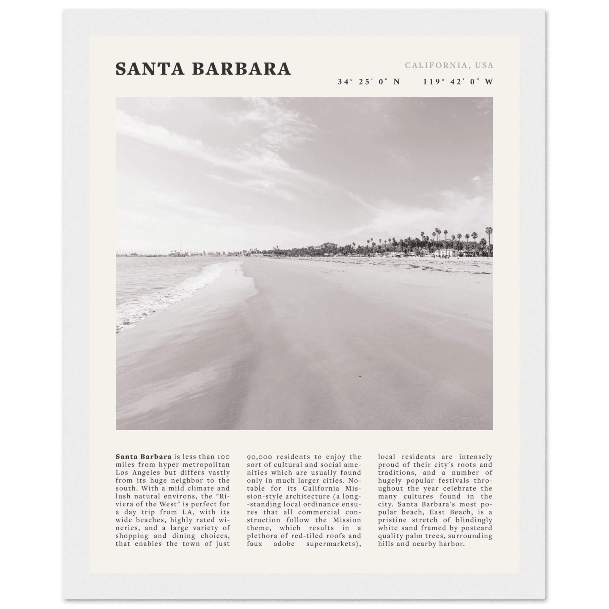 Santa Barbara Poster | Black & White California Beach Wall Art | CA Travel Print - Evergreen Posters