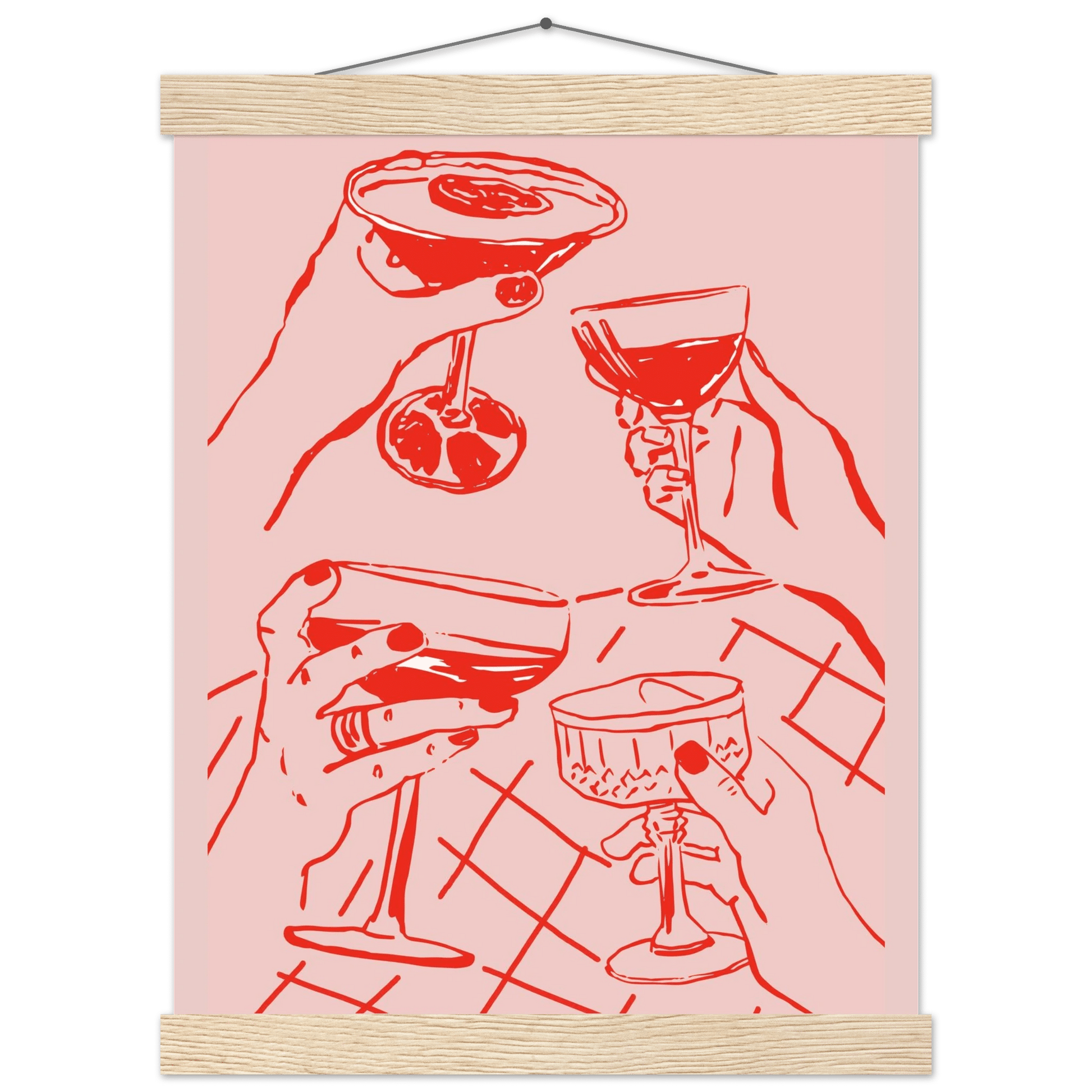 Cheers Print | Red & Pink Cocktail Glasses Wall Art | Kitchen Bar Poster - Evergreen Posters