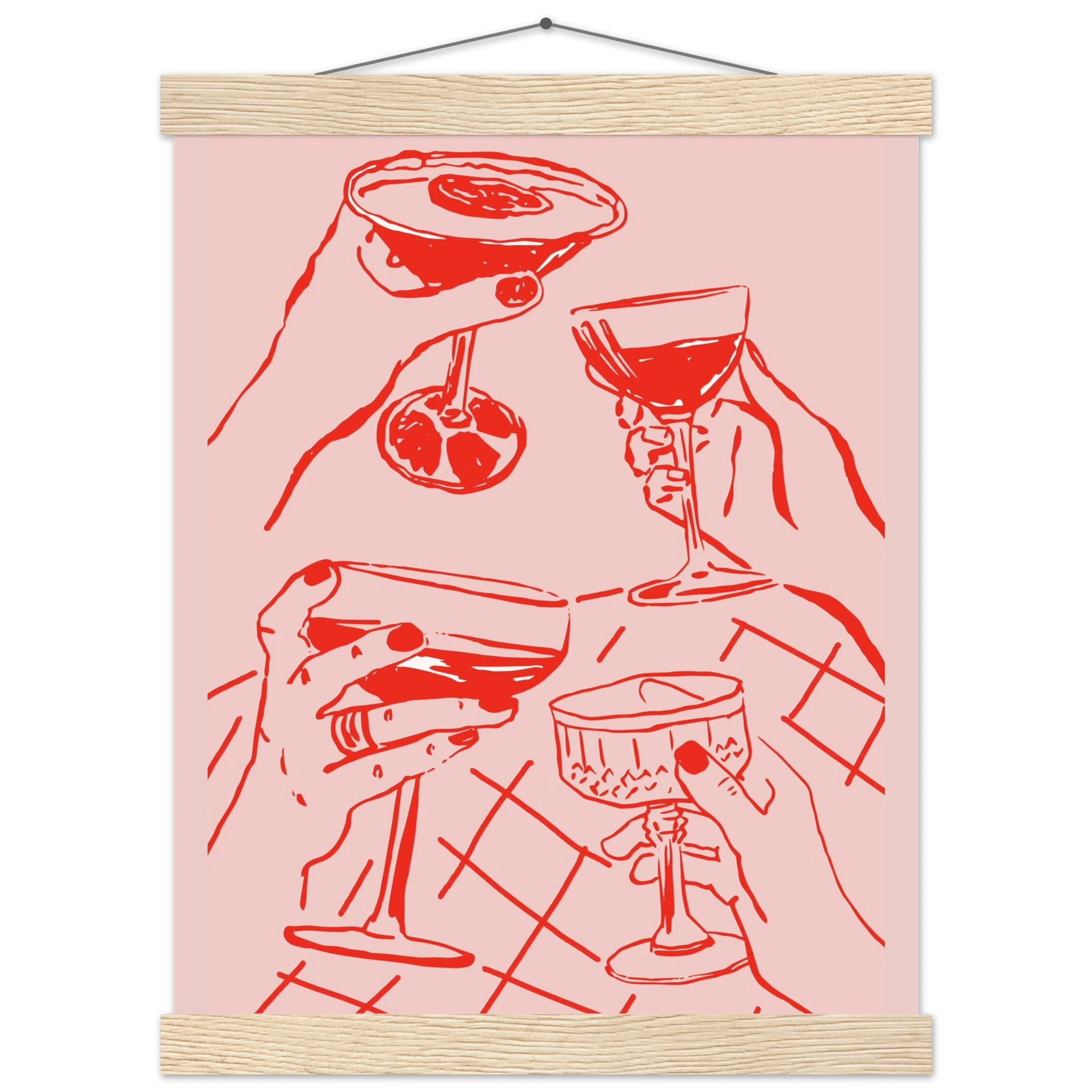 Cheers Print | Red & Pink Cocktail Glasses Wall Art | Kitchen Bar Poster - Evergreen Posters