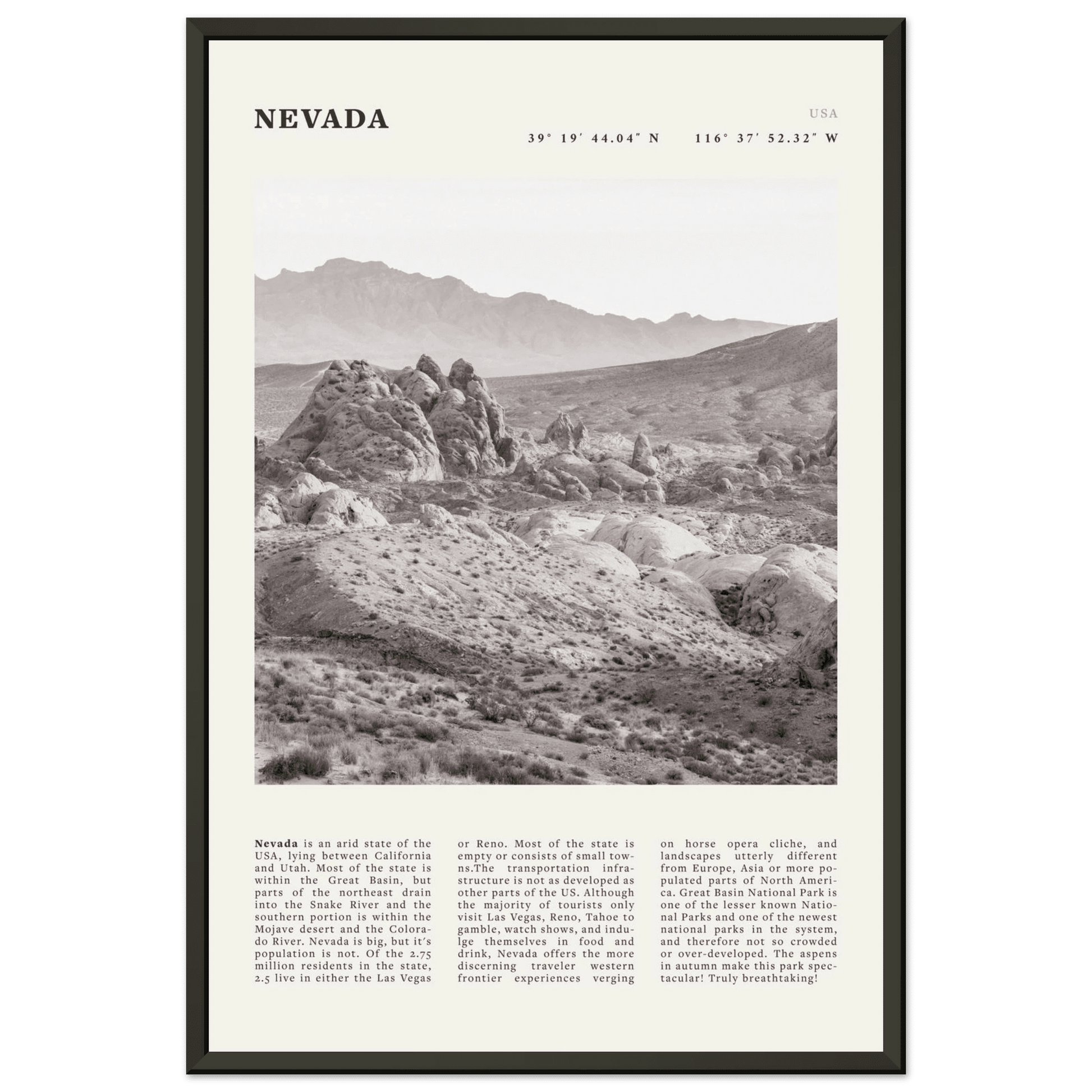 Nevada Poster | Black & White Desert Landscape Wall Art | USA Travel Print Decor - Evergreen Posters