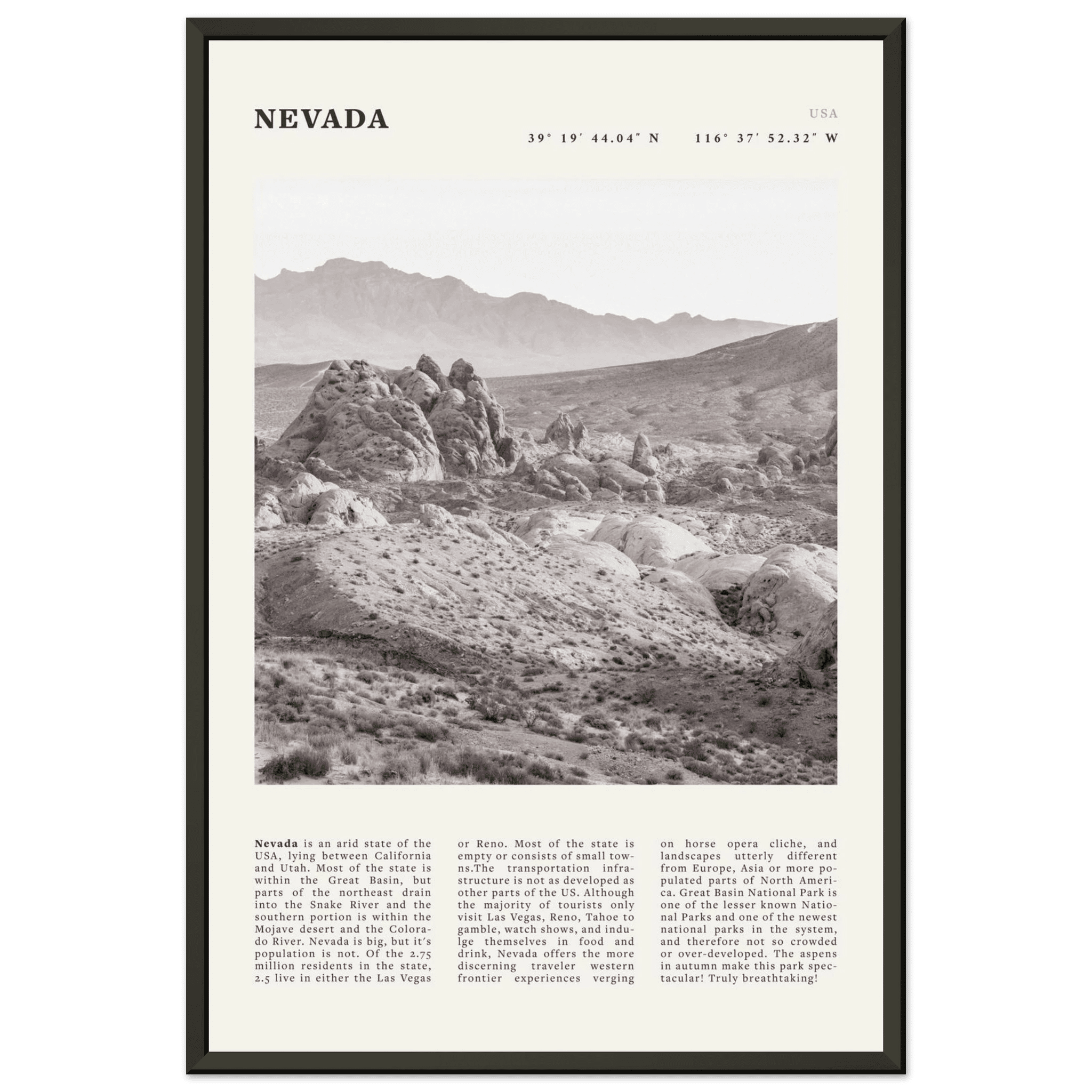 Nevada Poster | Black & White Desert Landscape Wall Art | USA Travel Print Decor - Evergreen Posters