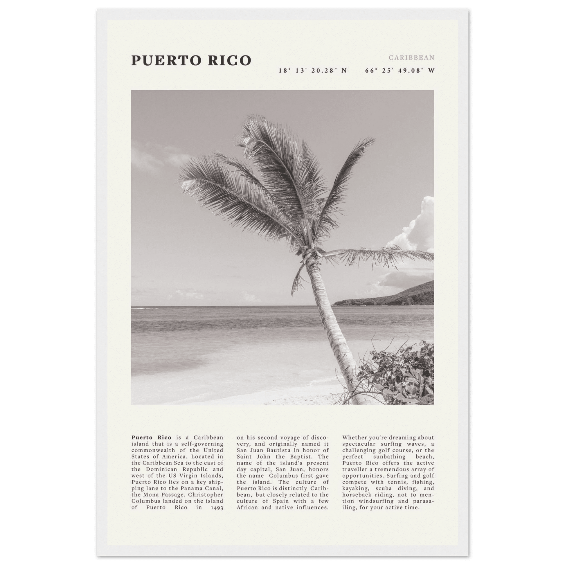 Puerto Rico Poster Black and White – Vintage Caribbean Palm Beach Print (Digital & Printed Options) - Evergreen Posters
