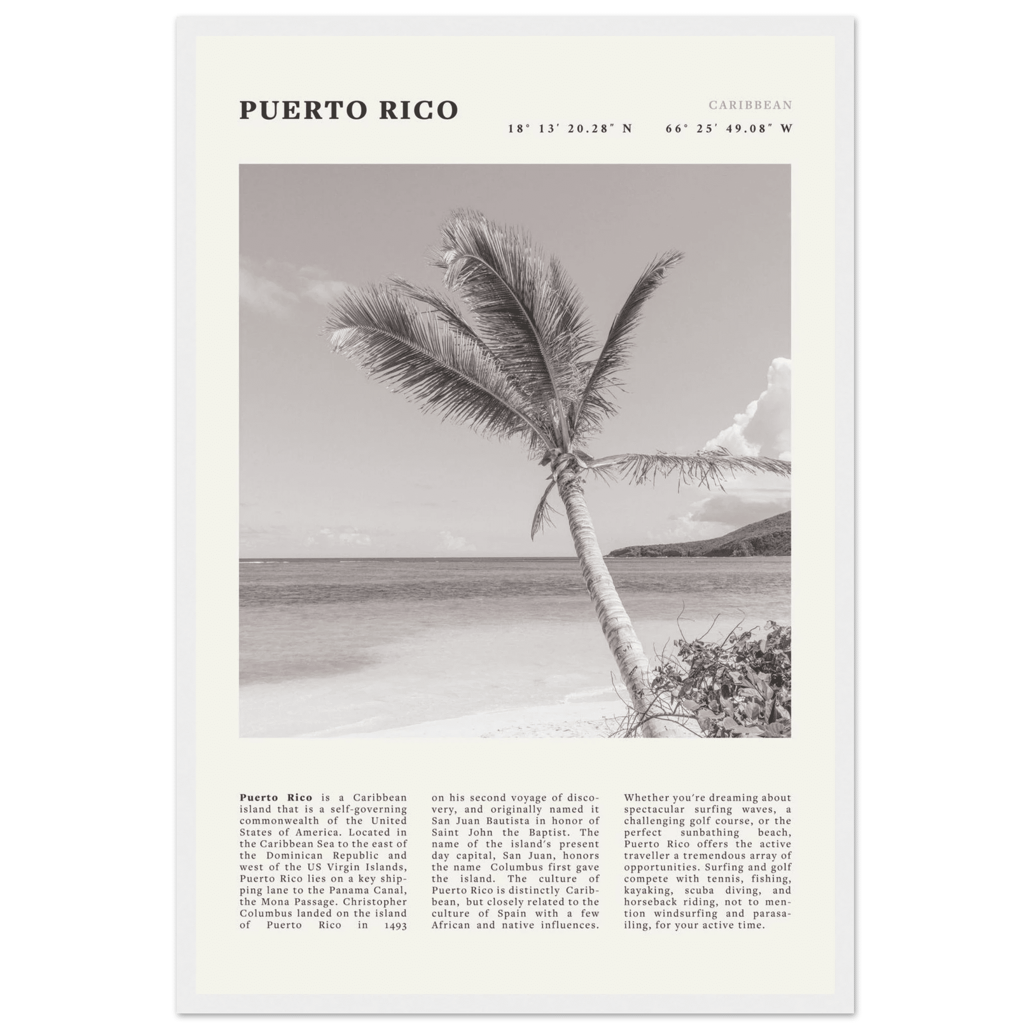 Puerto Rico Poster Black and White – Vintage Caribbean Palm Beach Print (Digital & Printed Options) - Evergreen Posters