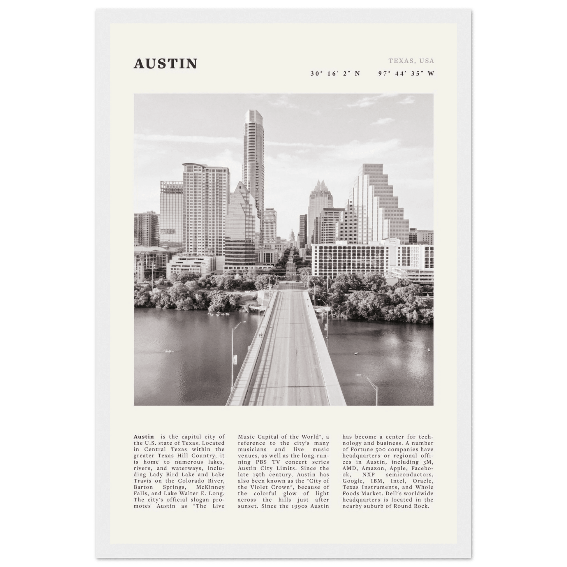 Austin Poster | Black & White Texas Skyline Wall Art | City Travel Print Decor - Evergreen Posters