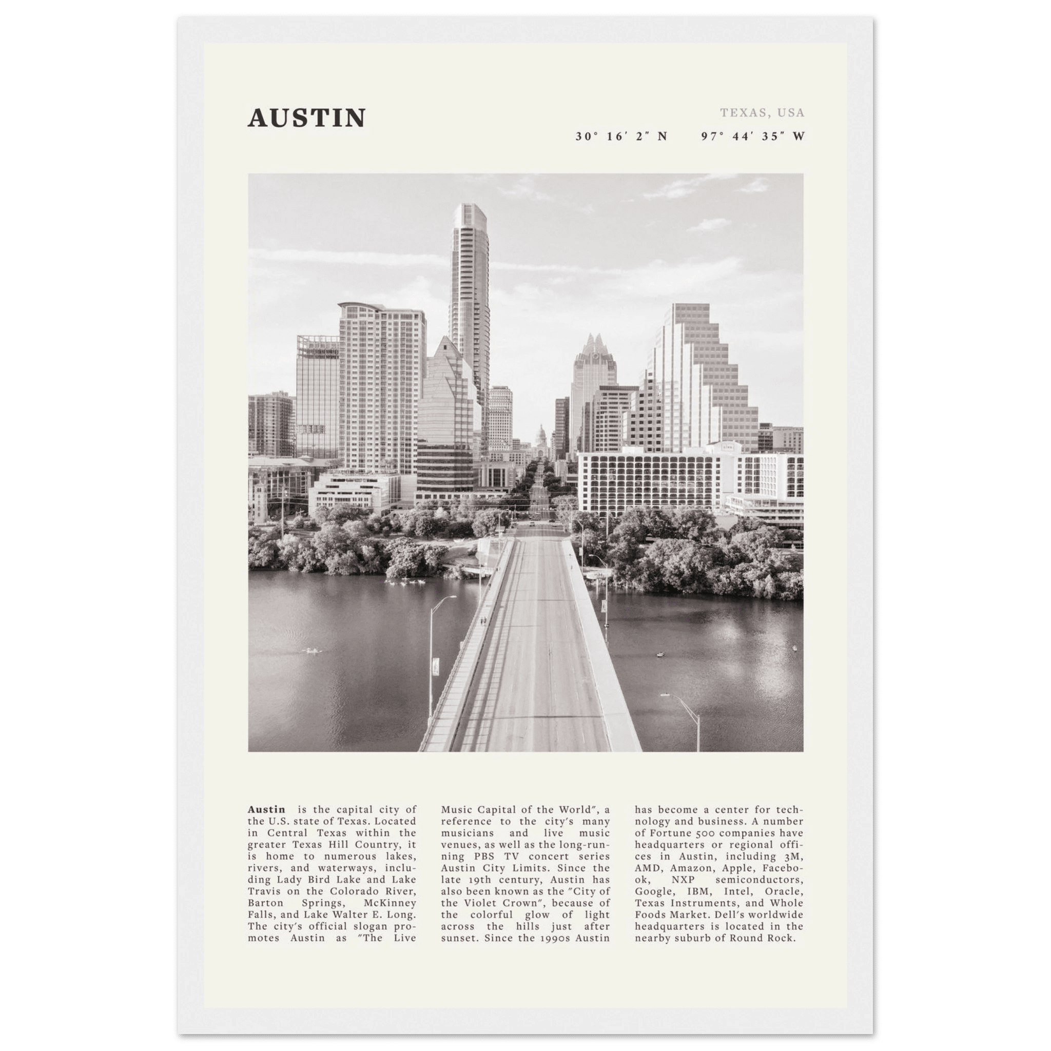 Austin Poster | Black & White Texas Skyline Wall Art | City Travel Print Decor - Evergreen Posters
