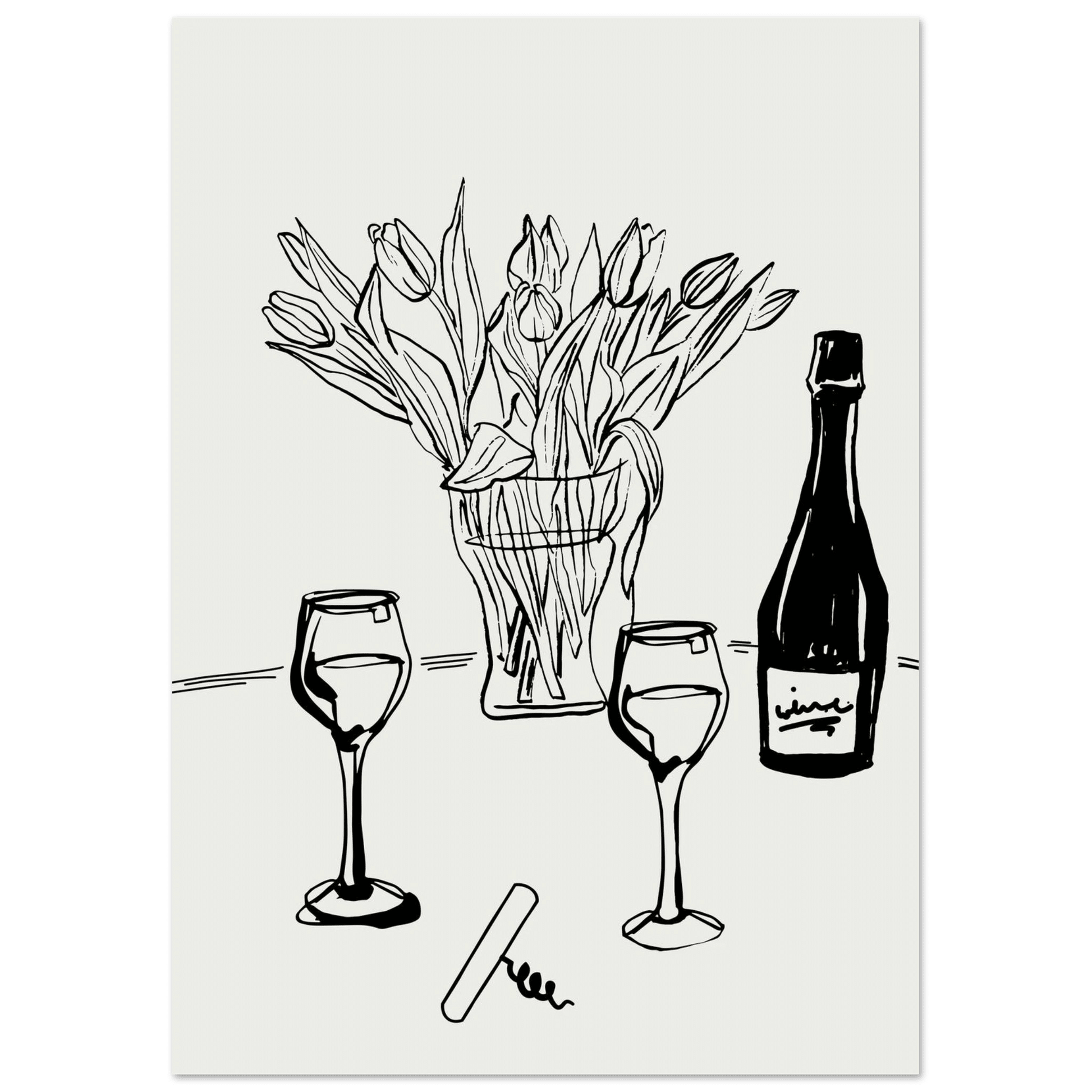 Wine & Tulips Print | Black Line Art Wine Bottle Wall Art | Minimalist Kitchen Poster - Evergreen Posters