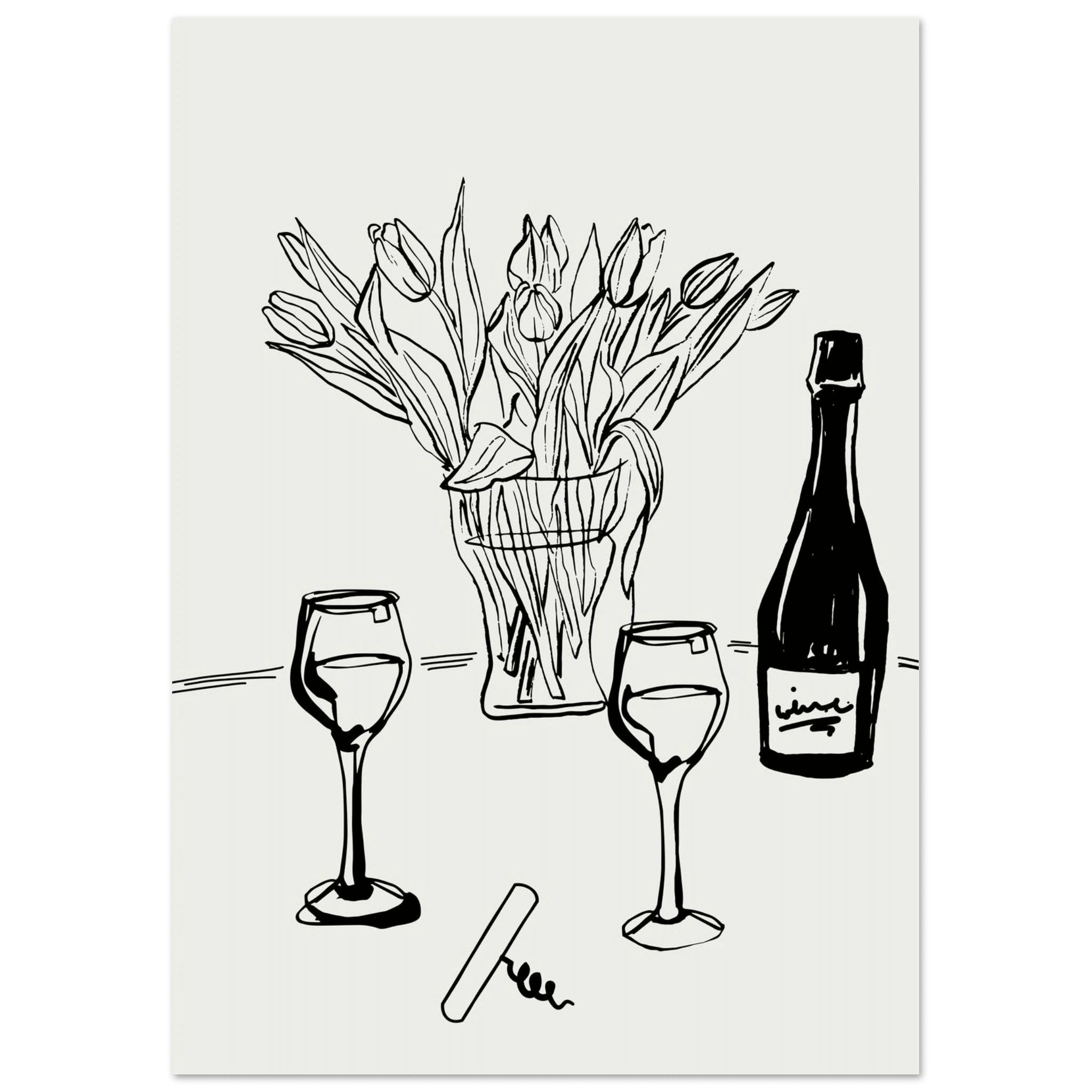 Wine & Tulips Print | Black Line Art Wine Bottle Wall Art | Minimalist Kitchen Poster - Evergreen Posters