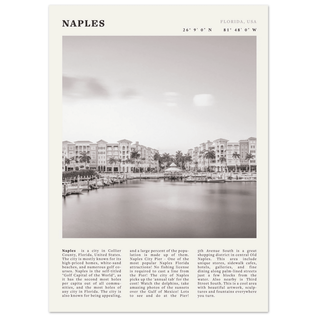 Naples Florida Poster | Black & White Gulf Coast Wall Art | FL Travel Print - Evergreen Posters