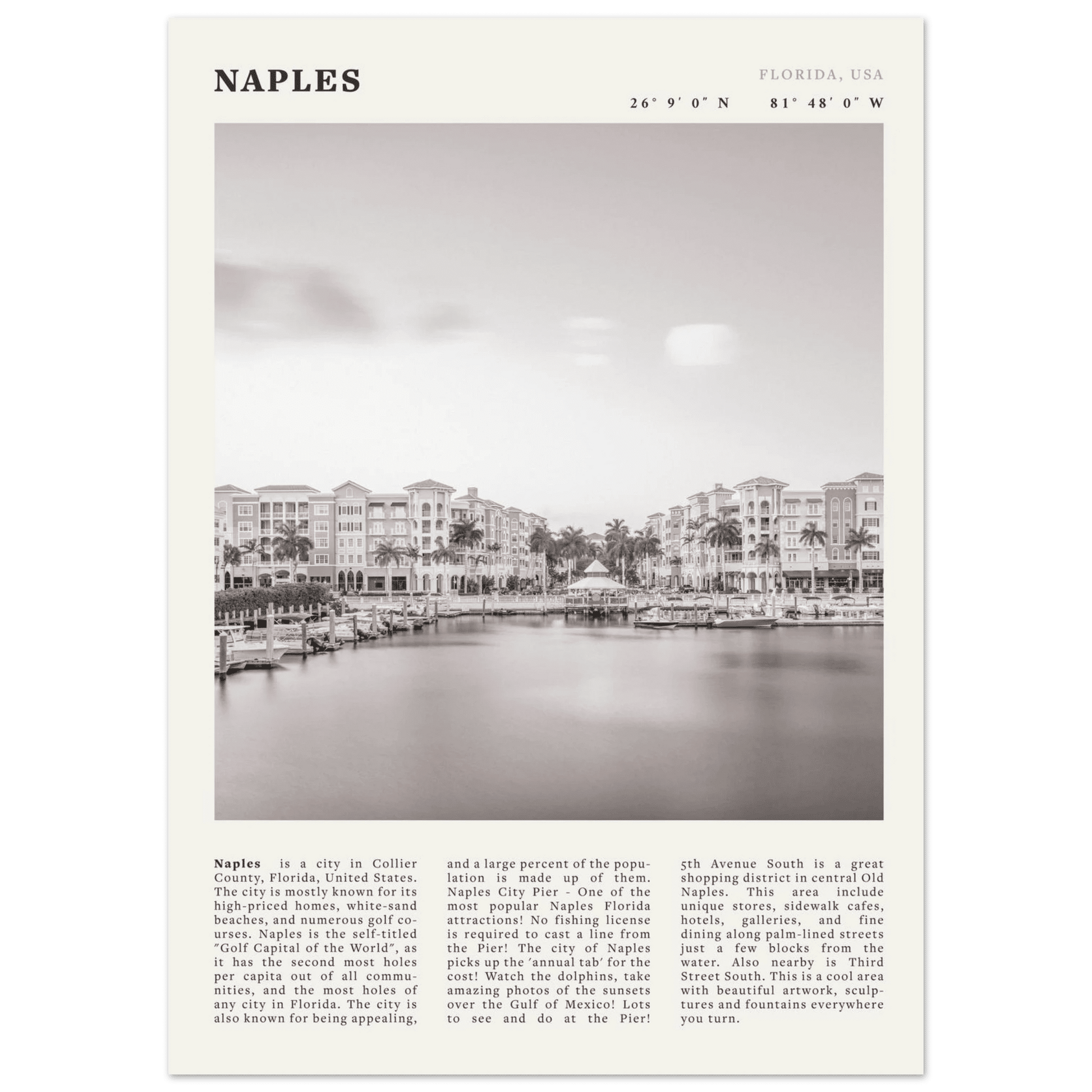 Naples Florida Poster | Black & White Gulf Coast Wall Art | FL Travel Print - Evergreen Posters