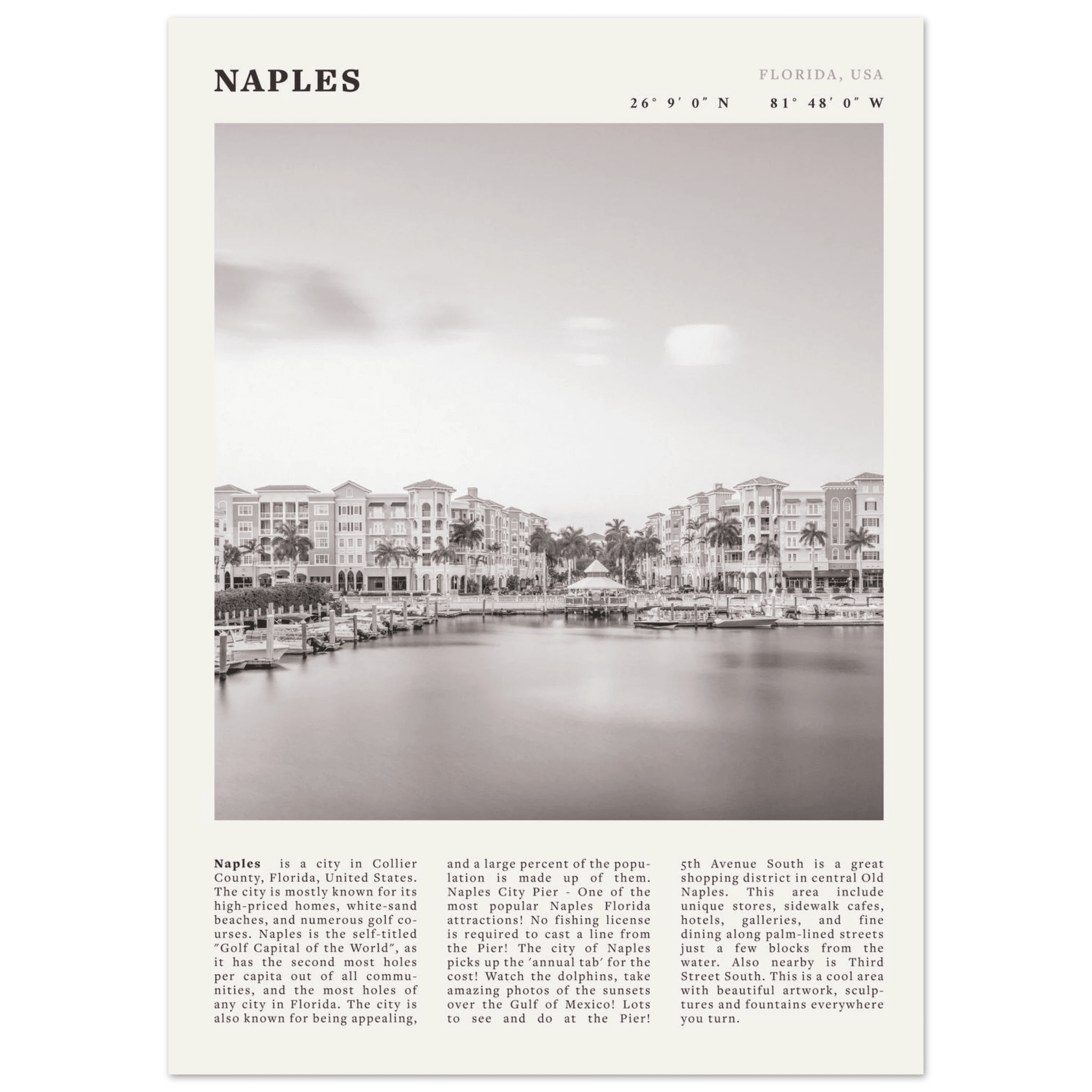 Naples Florida Poster | Black & White Gulf Coast Wall Art | FL Travel Print - Evergreen Posters
