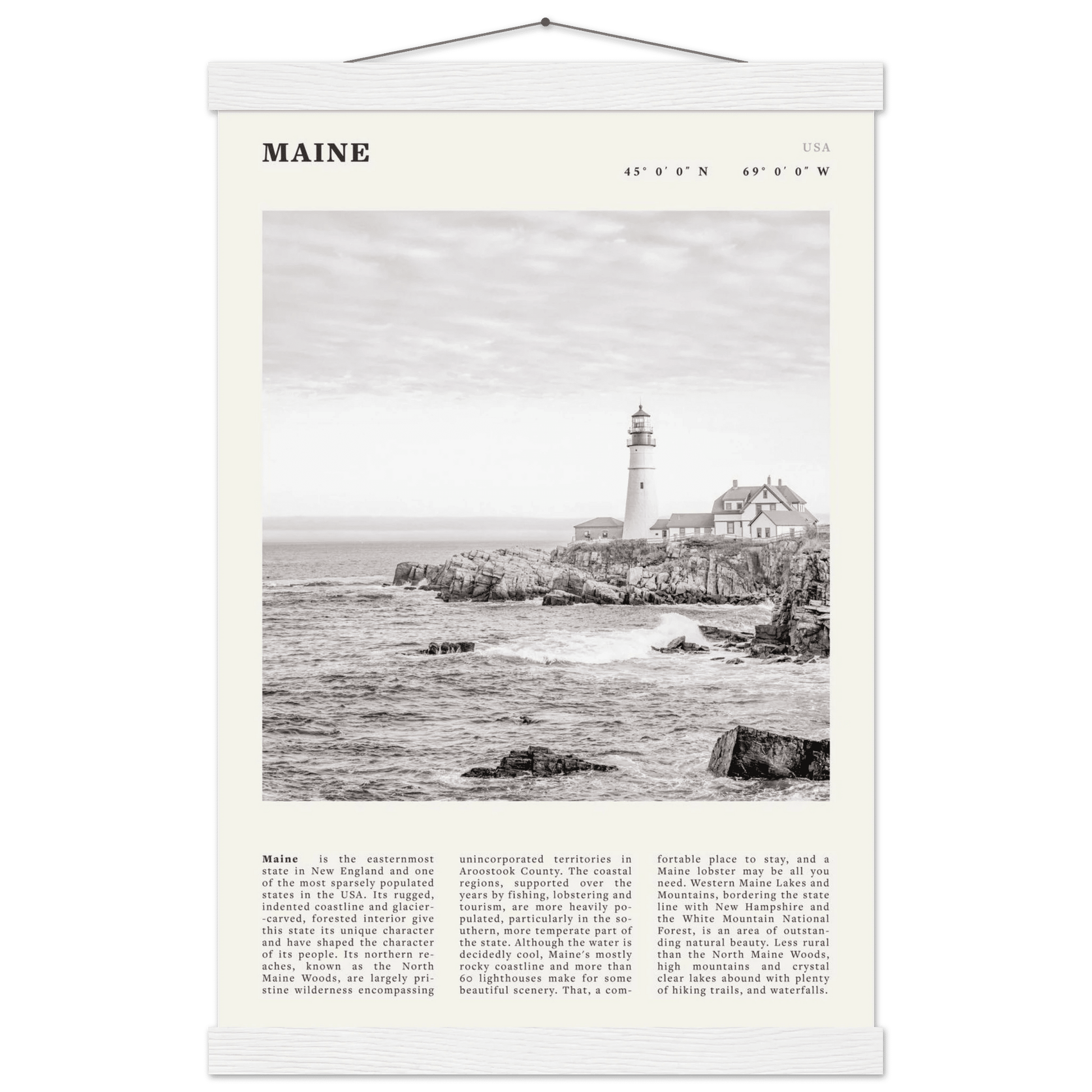 Maine Poster | Black & White Lighthouse Wall Art | New England Coastal Travel Print - Evergreen Posters