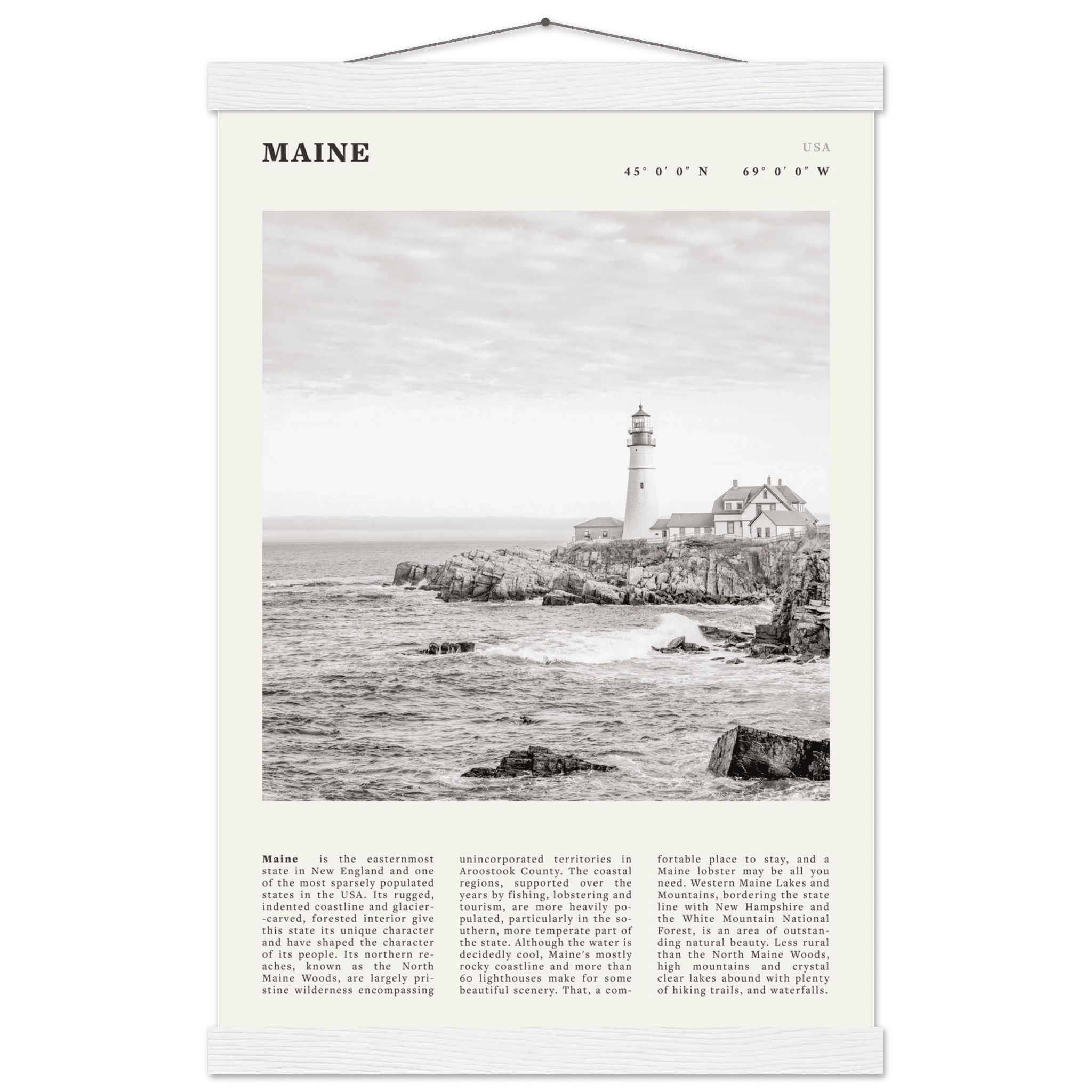 Maine Poster | Black & White Lighthouse Wall Art | New England Coastal Travel Print - Evergreen Posters