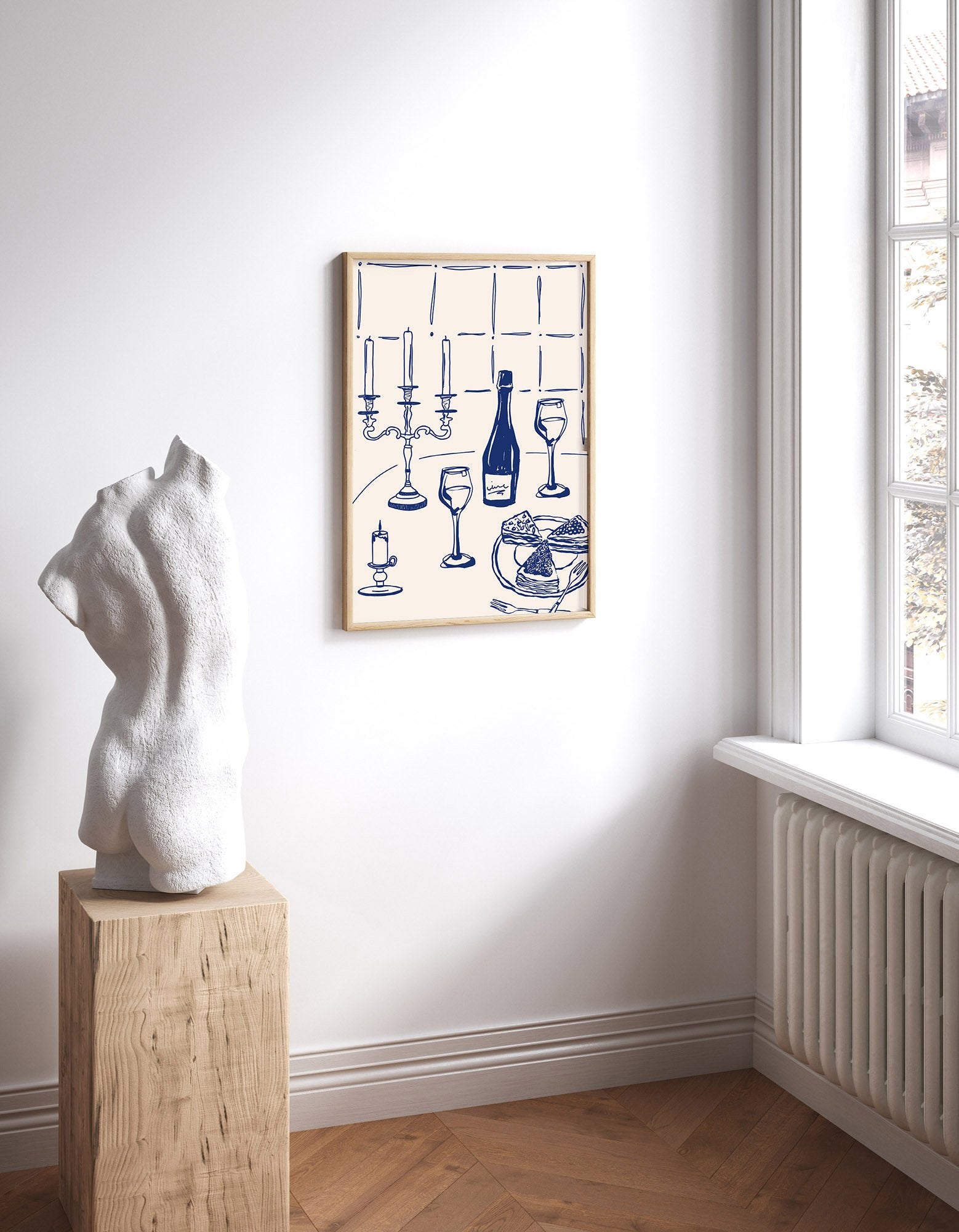 Candlelight Dinner Print | Navy Blue Wine & Candelabra Line Art | Kitchen Poster - Evergreen Posters