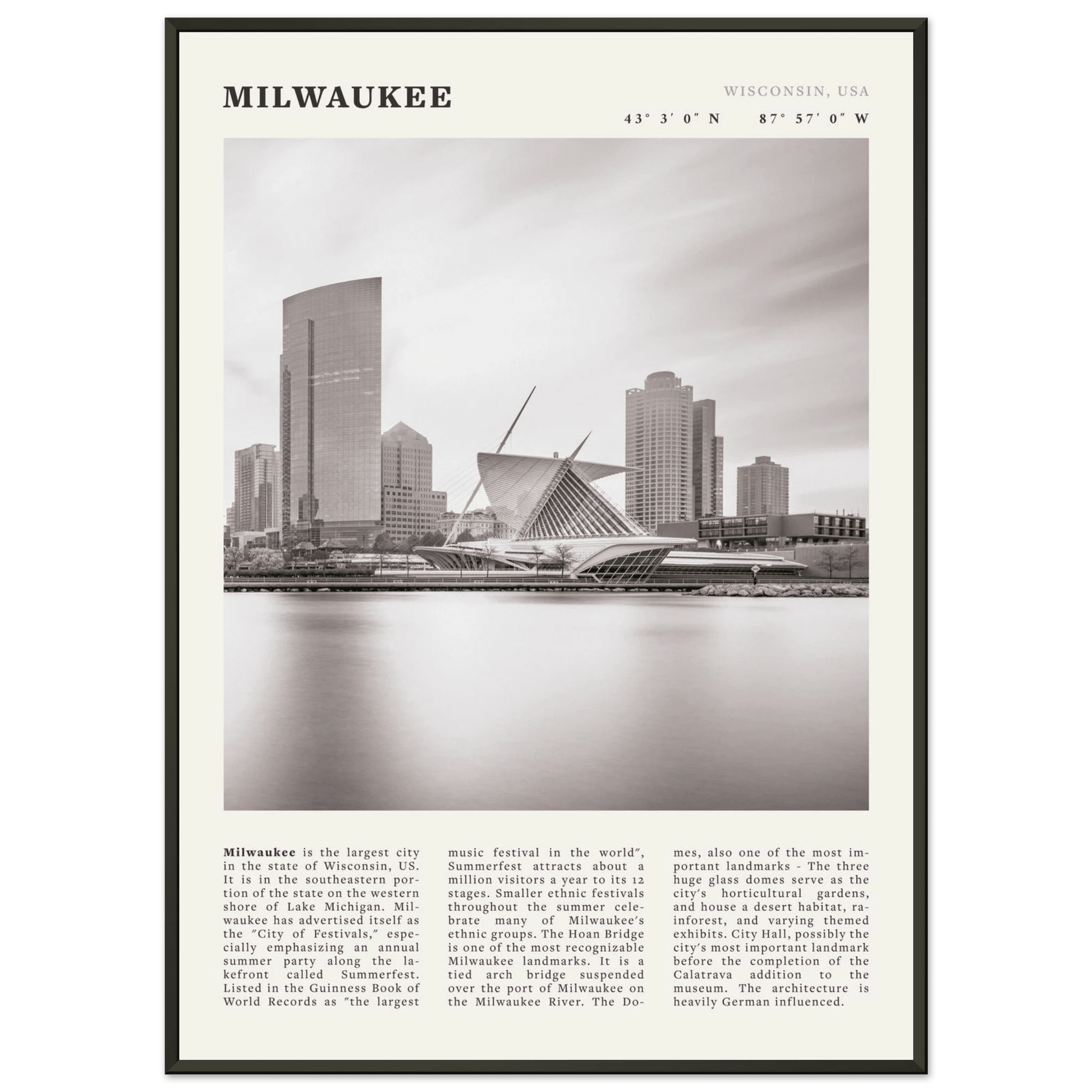 Milwaukee Poster | Black & White Wisconsin City Wall Art | USA Travel Print - Evergreen Posters