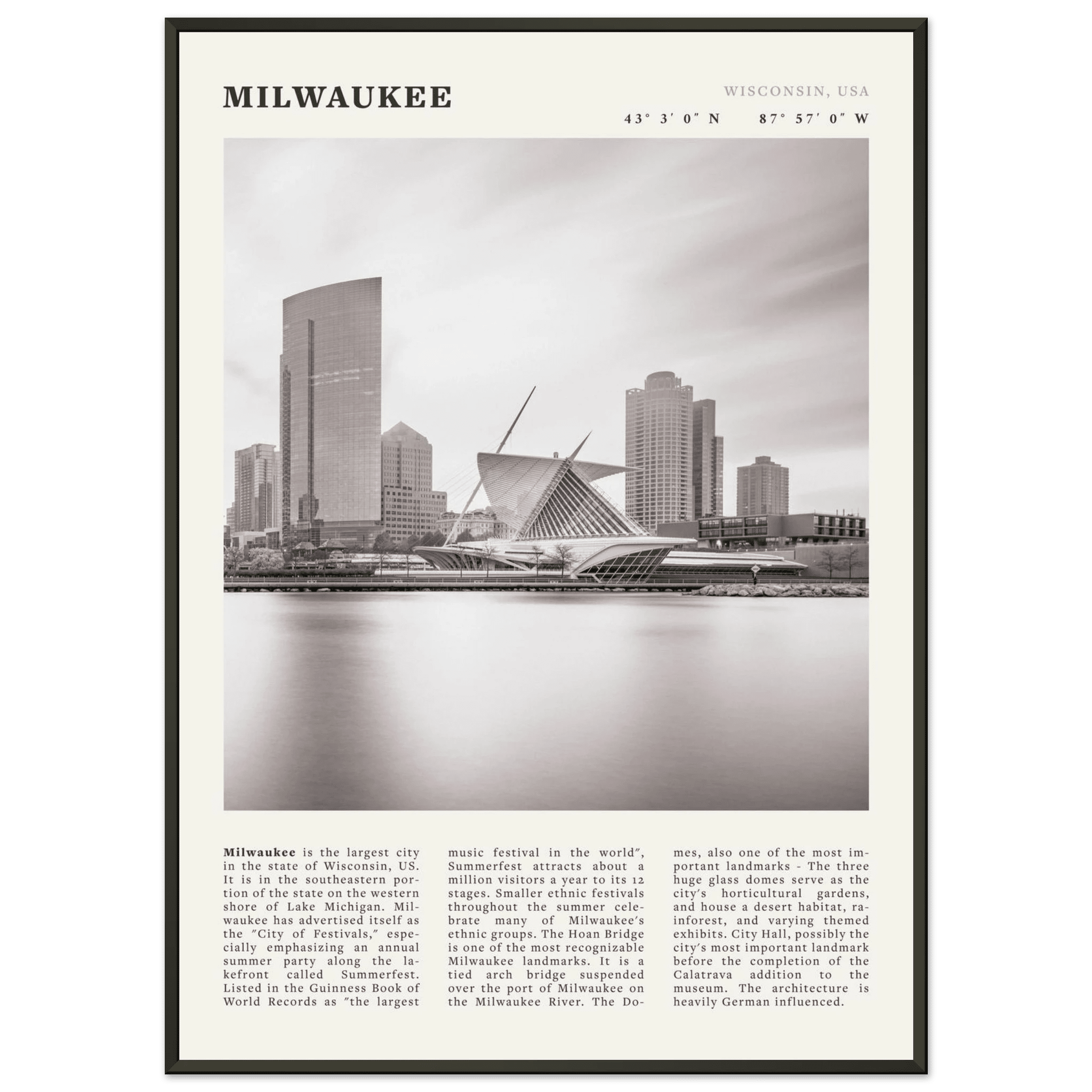 Milwaukee Poster | Black & White Wisconsin City Wall Art | USA Travel Print - Evergreen Posters