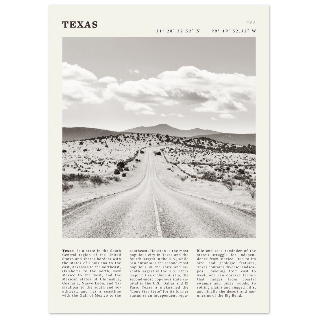 Texas Poster | Black & White Lone Star Road Wall Art | USA Travel Print Decor - Evergreen Posters
