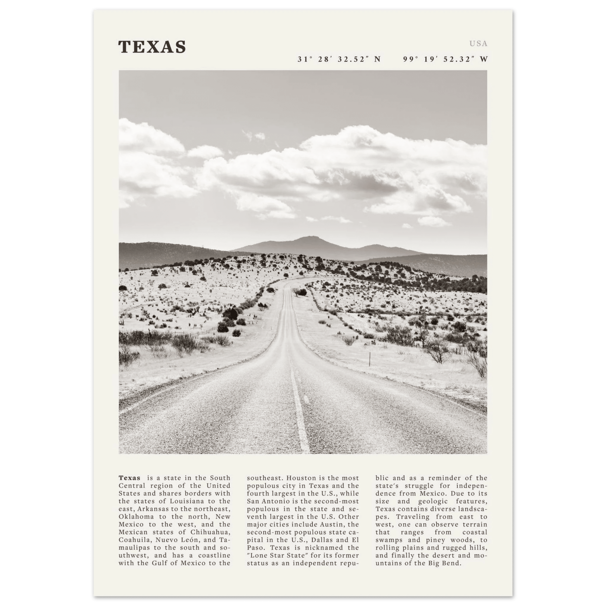 Texas Poster | Black & White Lone Star Road Wall Art | USA Travel Print Decor - Evergreen Posters