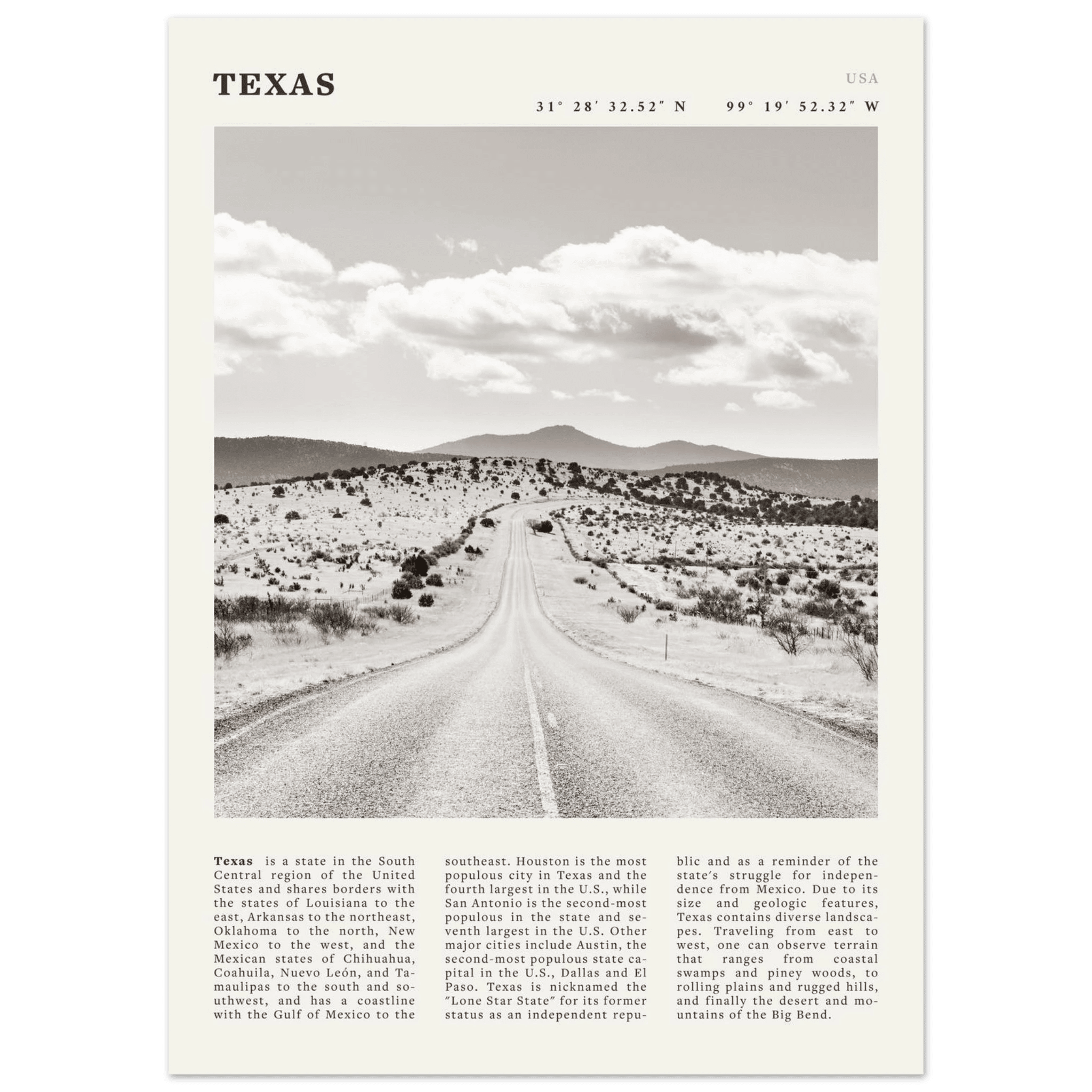 Texas Poster | Black & White Lone Star Road Wall Art | USA Travel Print Decor - Evergreen Posters