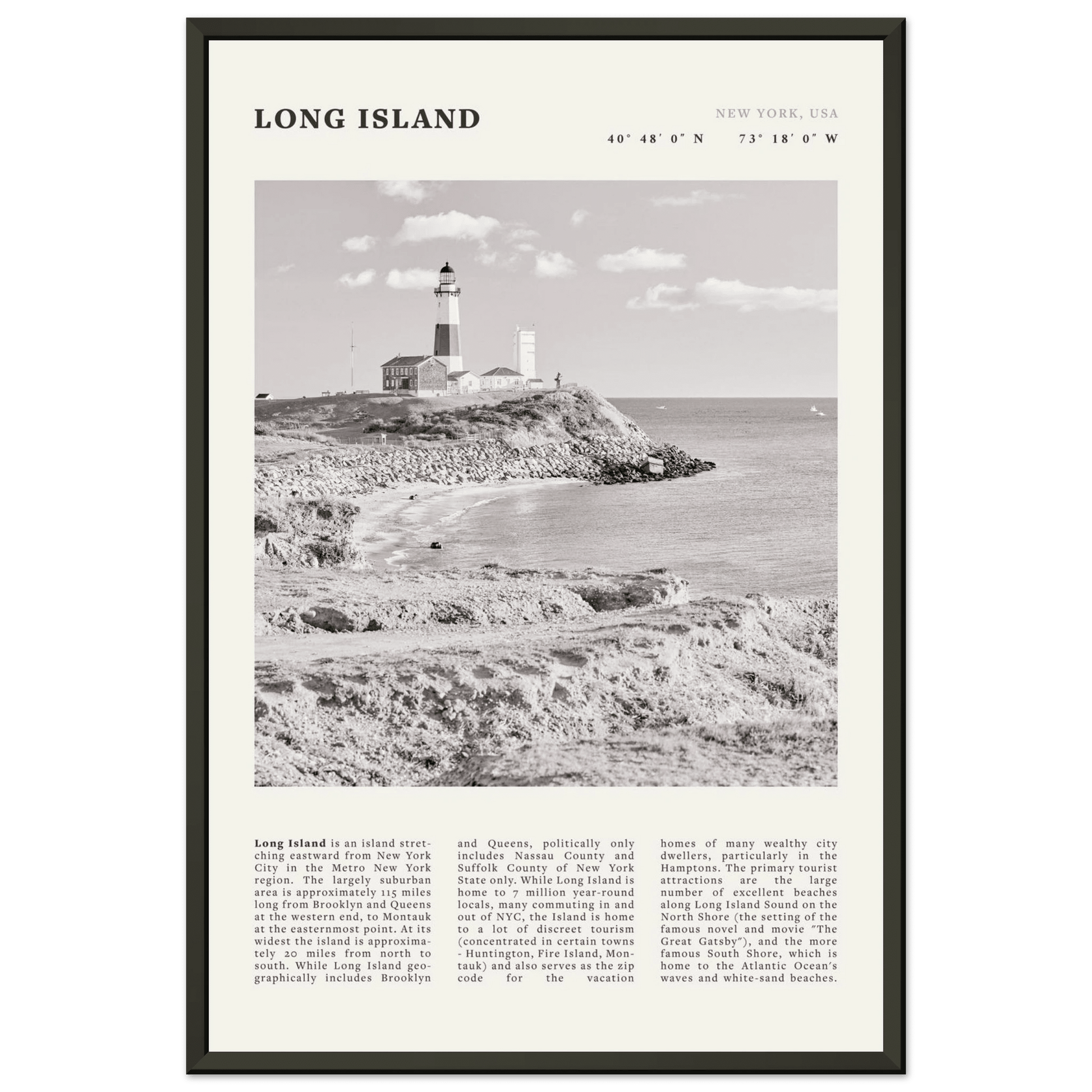 Long Island Poster | Black & White Montauk Lighthouse Wall Art | New York Print - Evergreen Posters