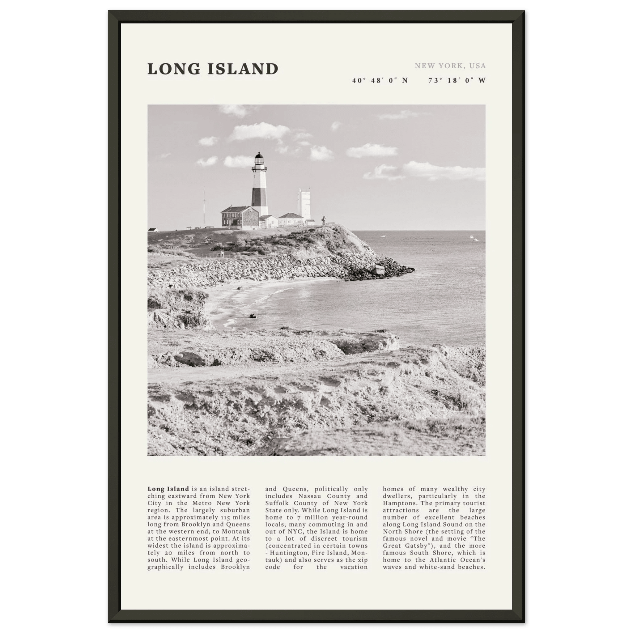 Long Island Poster | Black & White Montauk Lighthouse Wall Art | New York Print - Evergreen Posters