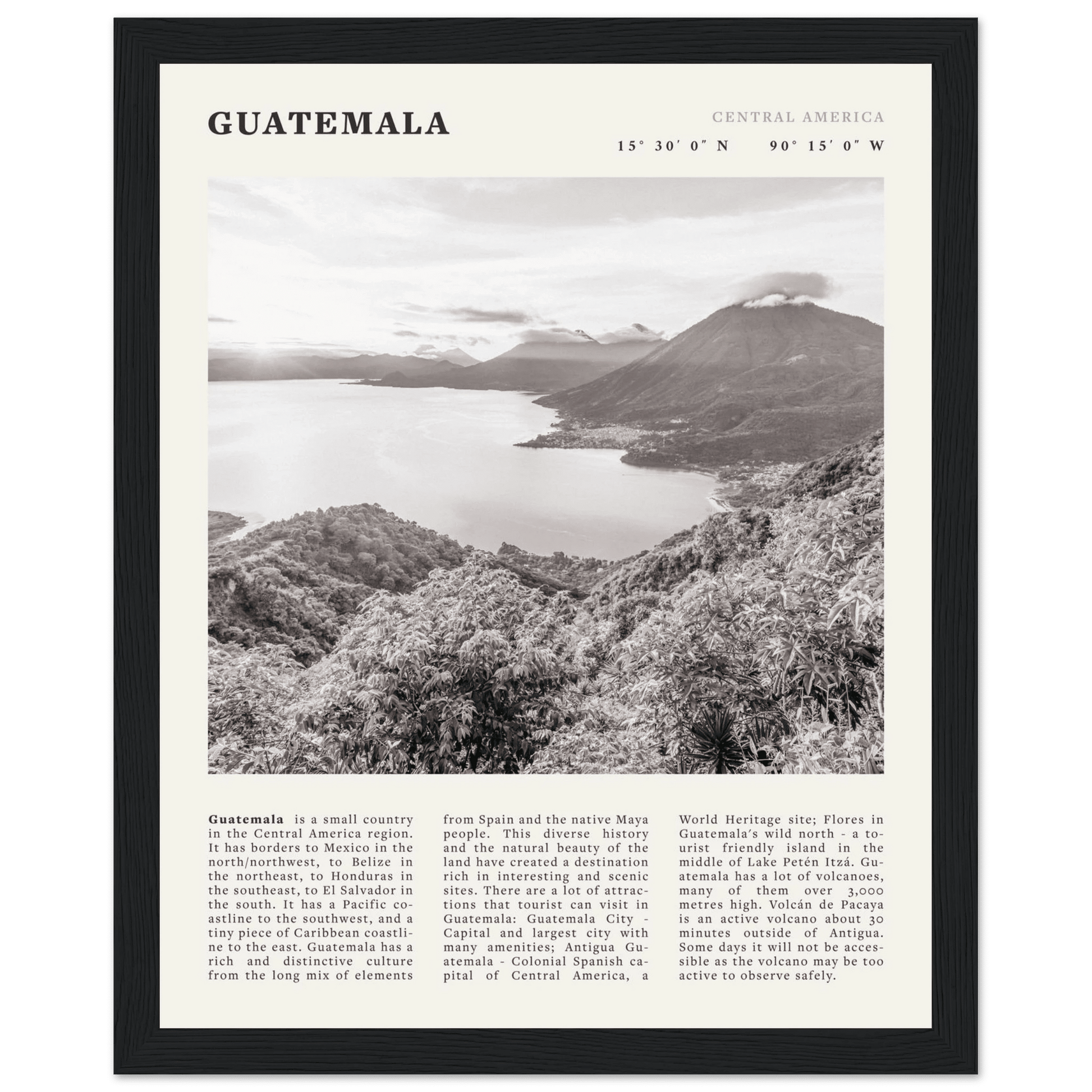 Guatemala Poster | Black & White Lake Atitlan Wall Art | Central America Travel Print - Evergreen Posters