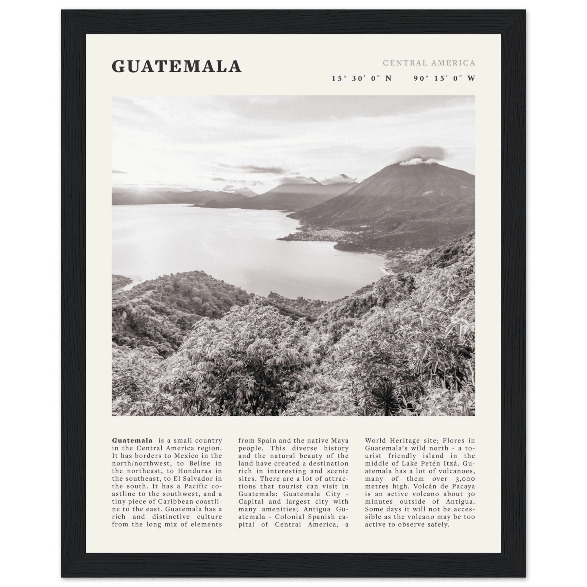 Guatemala Poster | Black & White Lake Atitlan Wall Art | Central America Travel Print - Evergreen Posters