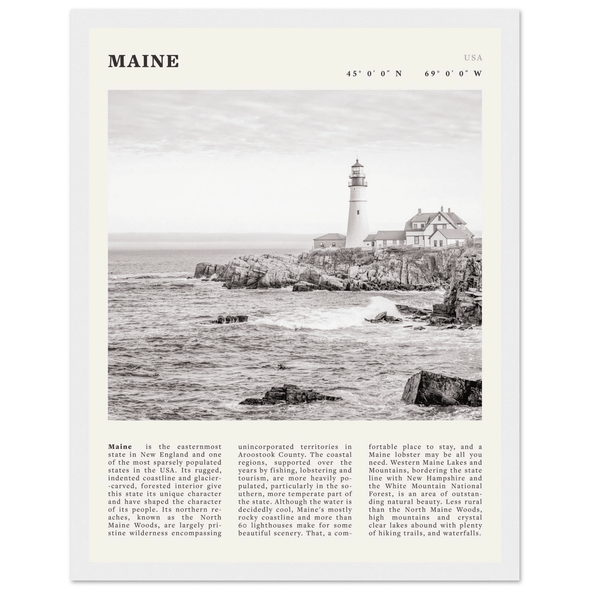 Maine Poster | Black & White Lighthouse Wall Art | New England Coastal Travel Print - Evergreen Posters