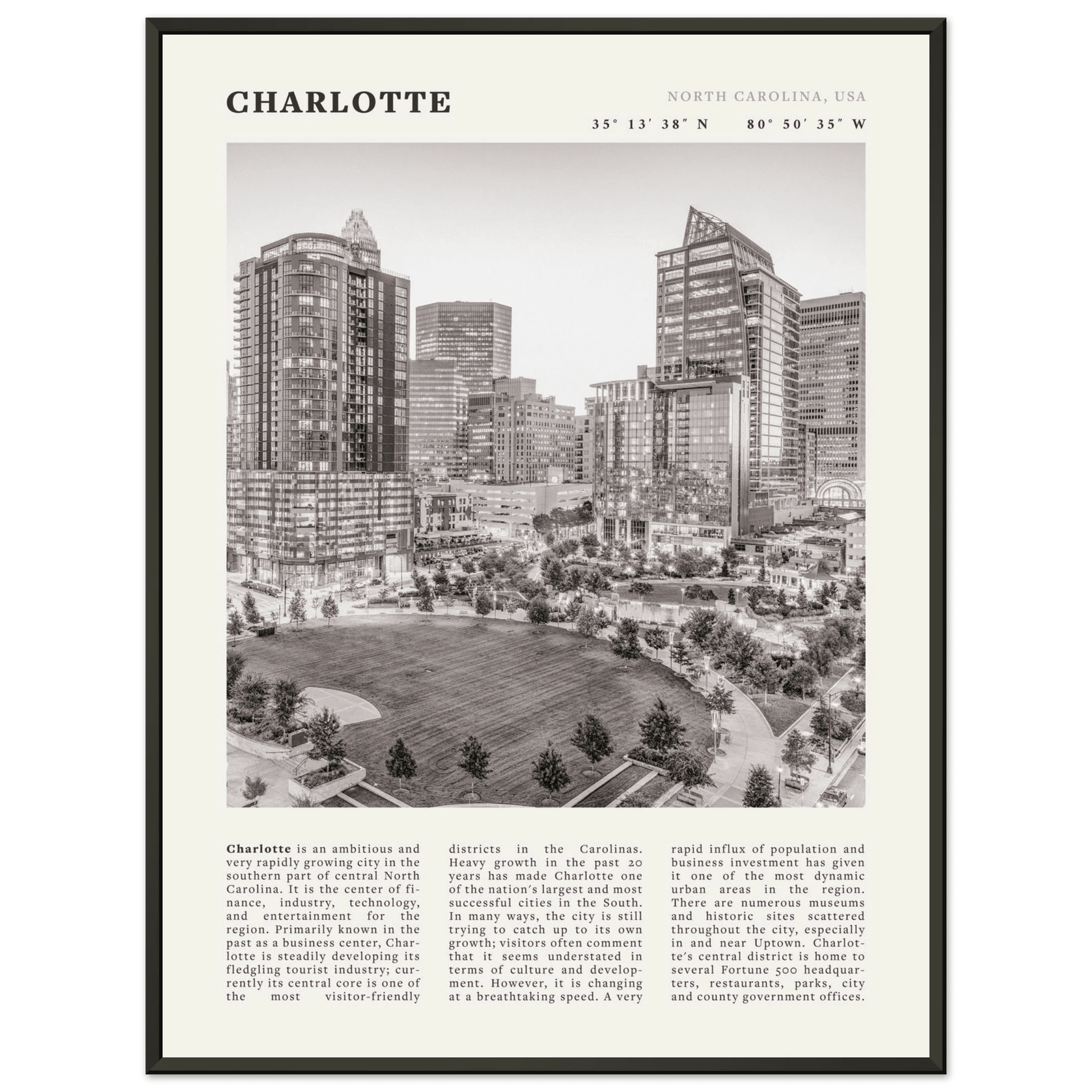 Charlotte Poster | Black & White North Carolina Skyline Wall Art | NC Travel Print - Evergreen Posters
