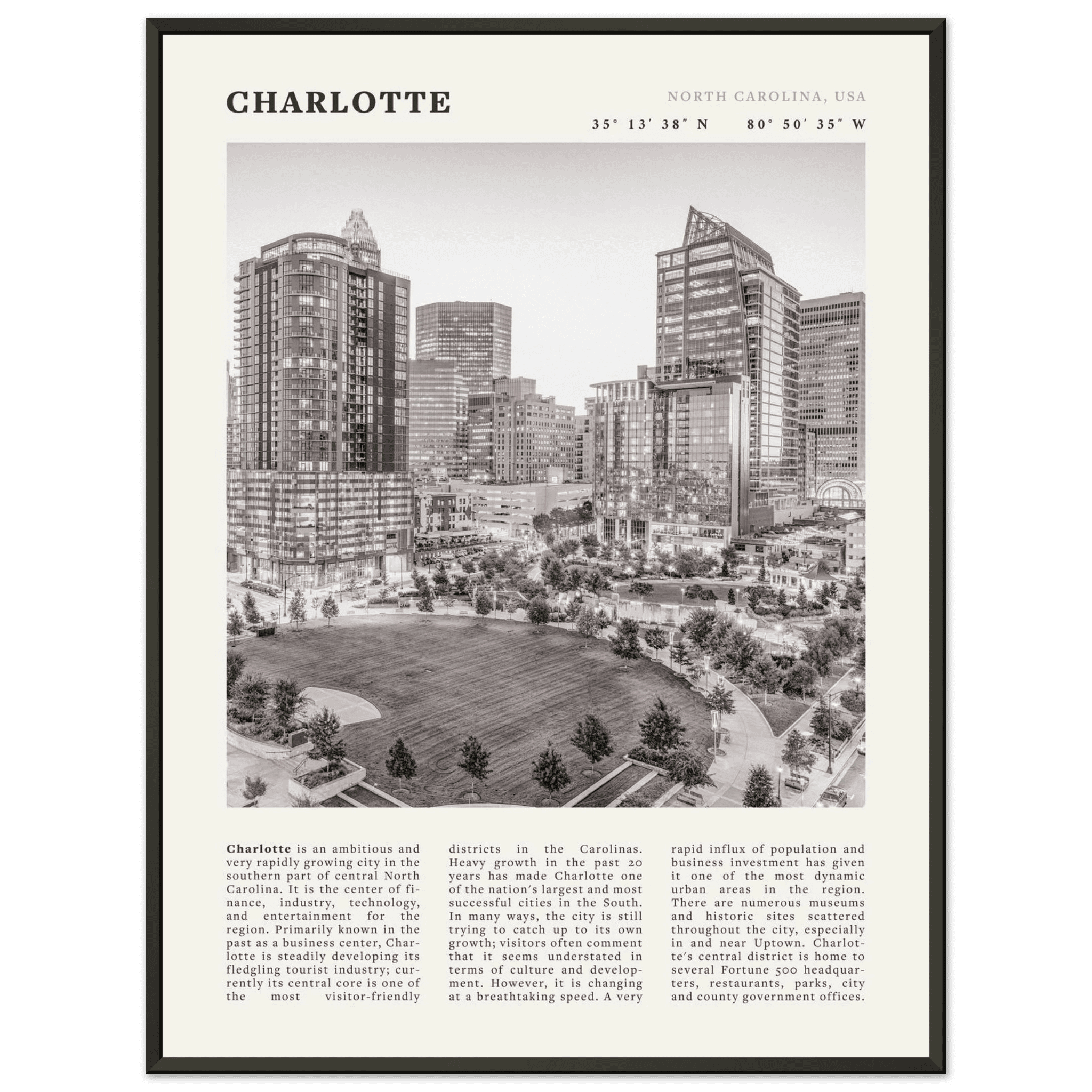 Charlotte Poster | Black & White North Carolina Skyline Wall Art | NC Travel Print - Evergreen Posters