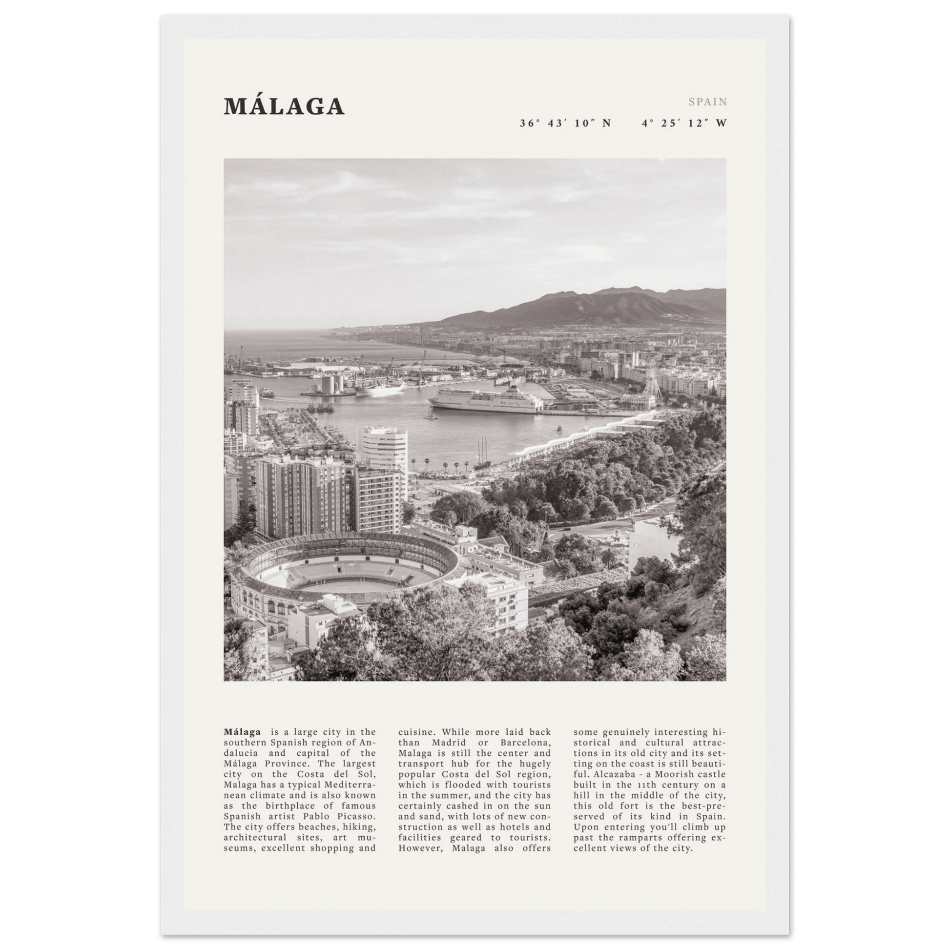 Málaga Poster | Black & White Costa del Sol Wall Art | Spain Travel Print - Evergreen Posters