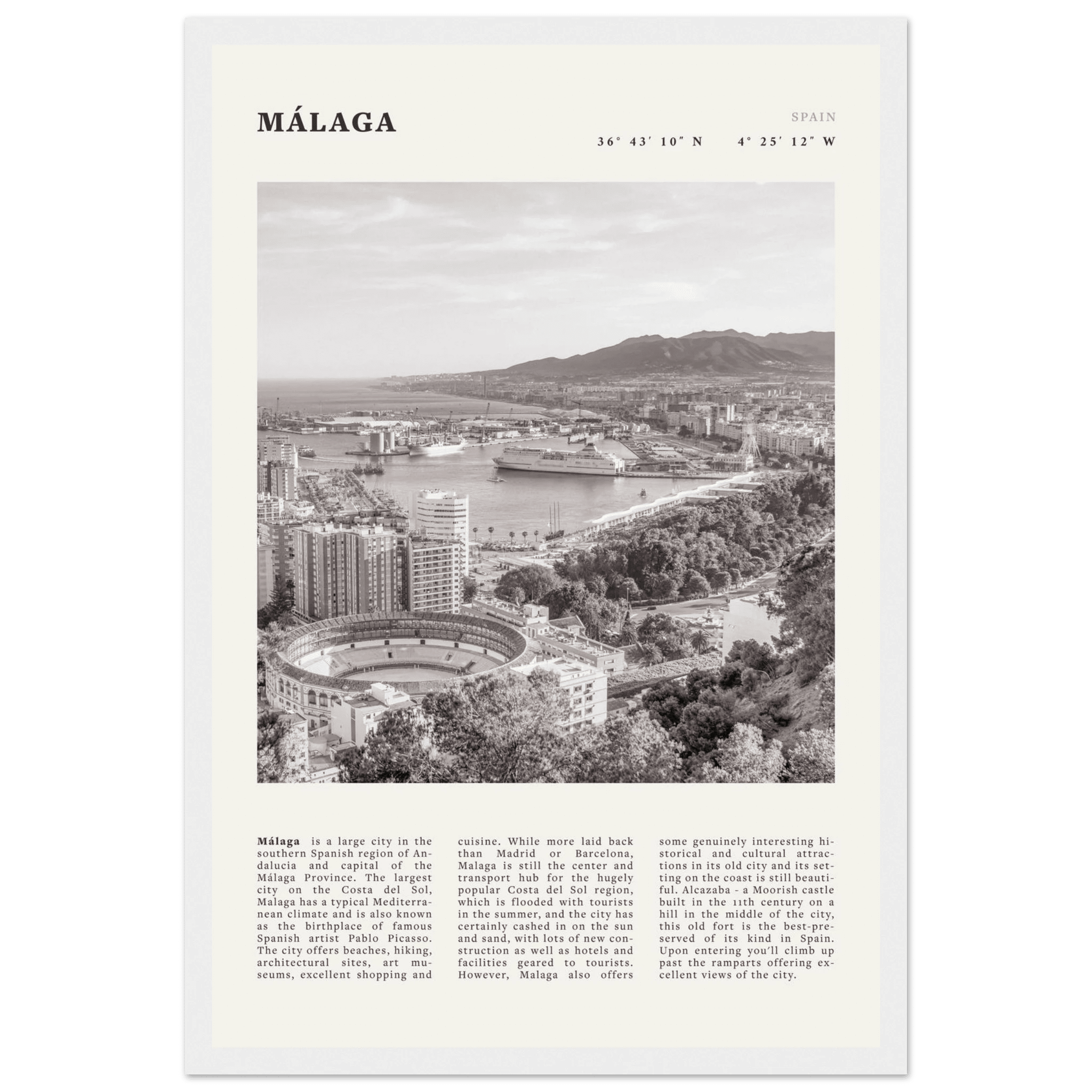 Málaga Poster | Black & White Costa del Sol Wall Art | Spain Travel Print - Evergreen Posters