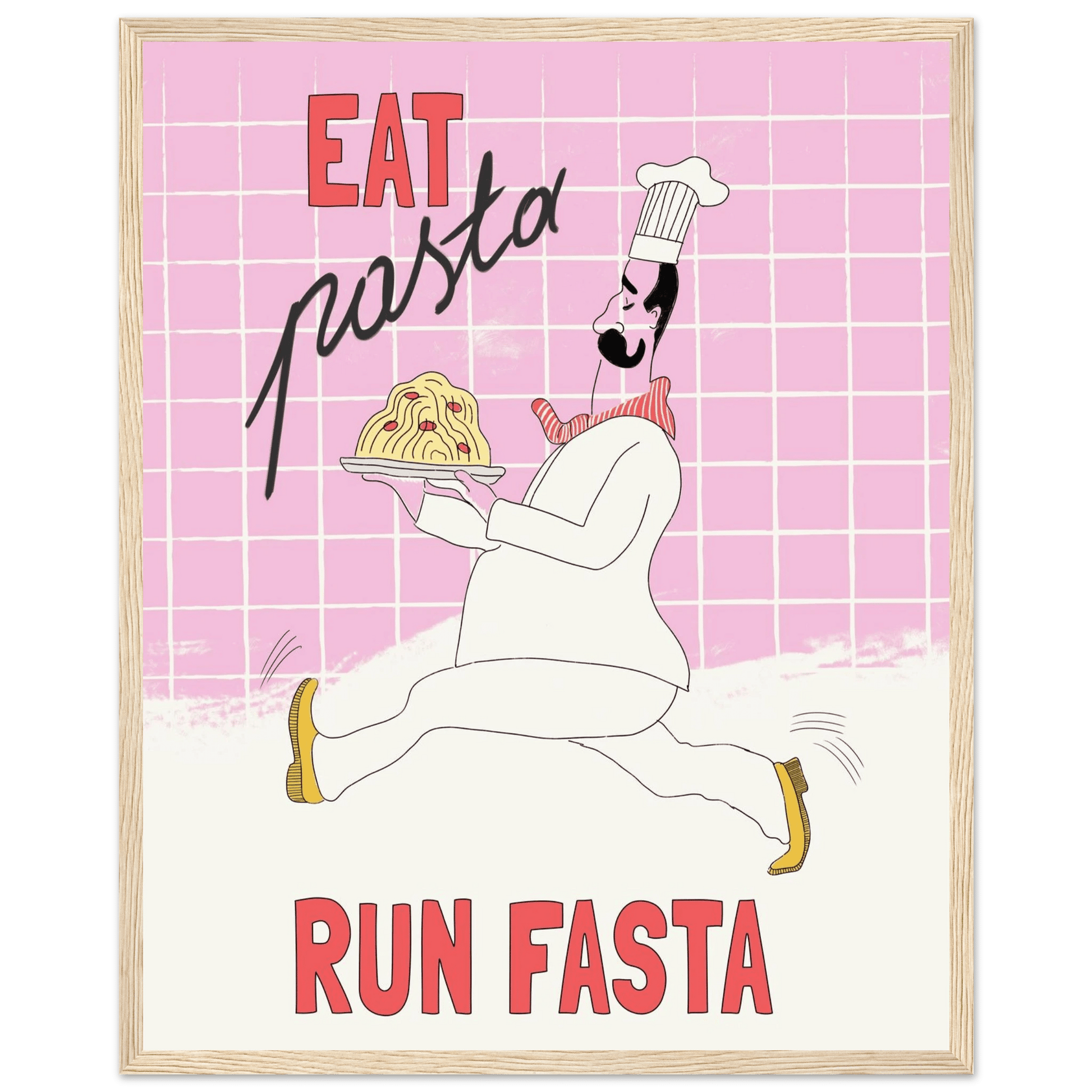 Eat Pasta Run Fasta Poster – Playful Kitchen Wall Art Print (Light Pink) - Evergreen Posters