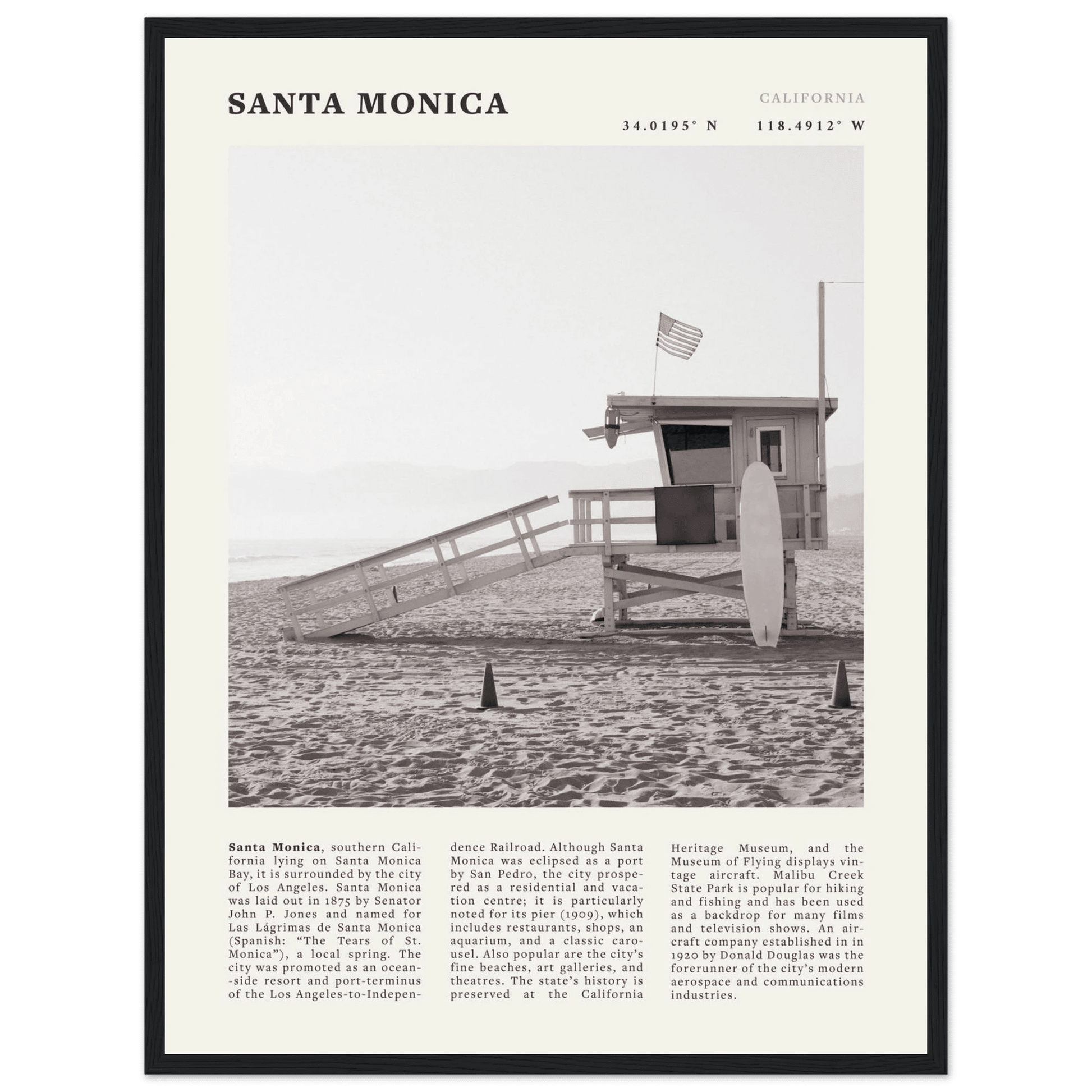 Santa Monica Poster | Black & White California Wall Art | Beach Travel Print | Coastal Decor - Evergreen Posters