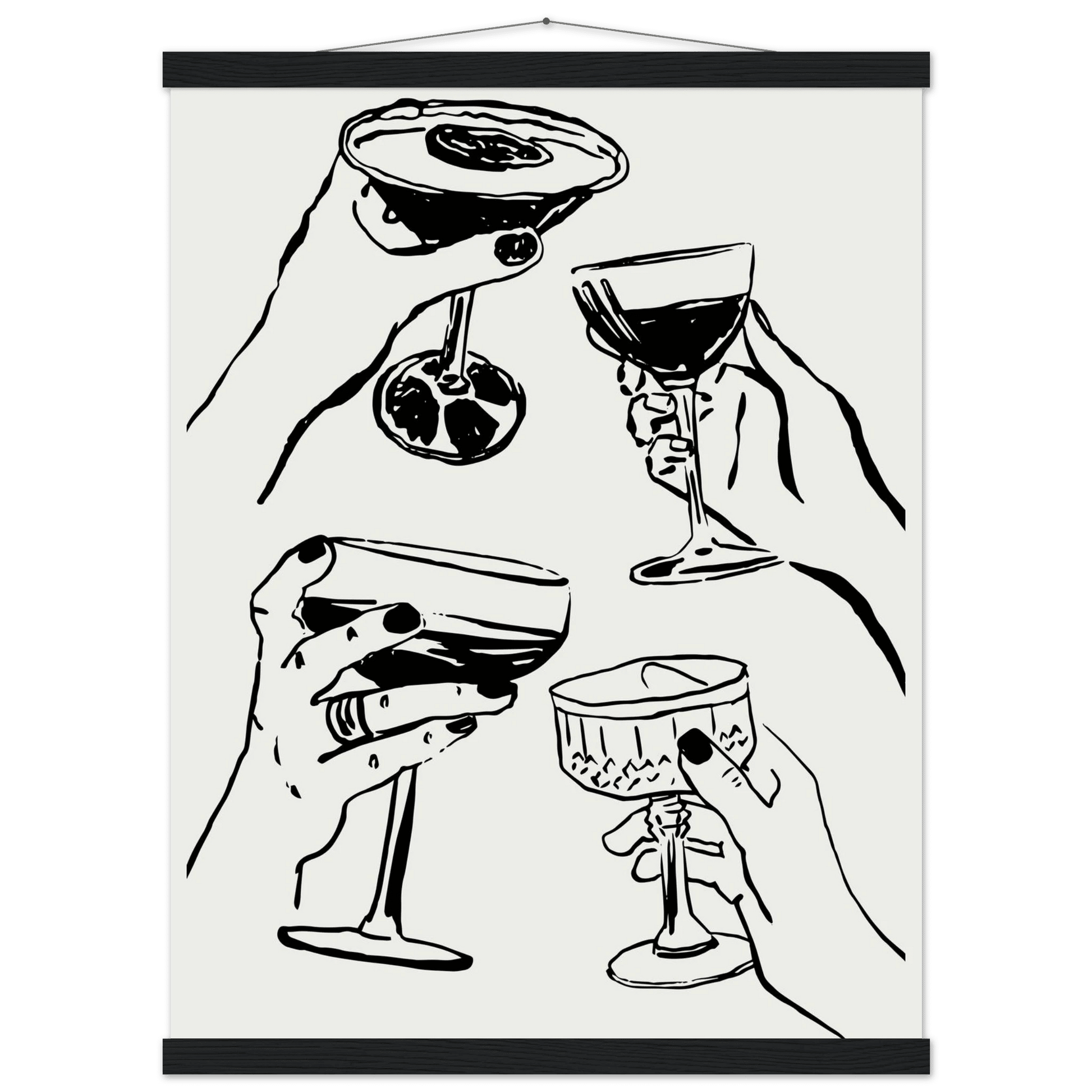 Cheers Print | Black Line Art Cocktail Glasses Wall Art | Kitchen Bar Poster - Evergreen Posters