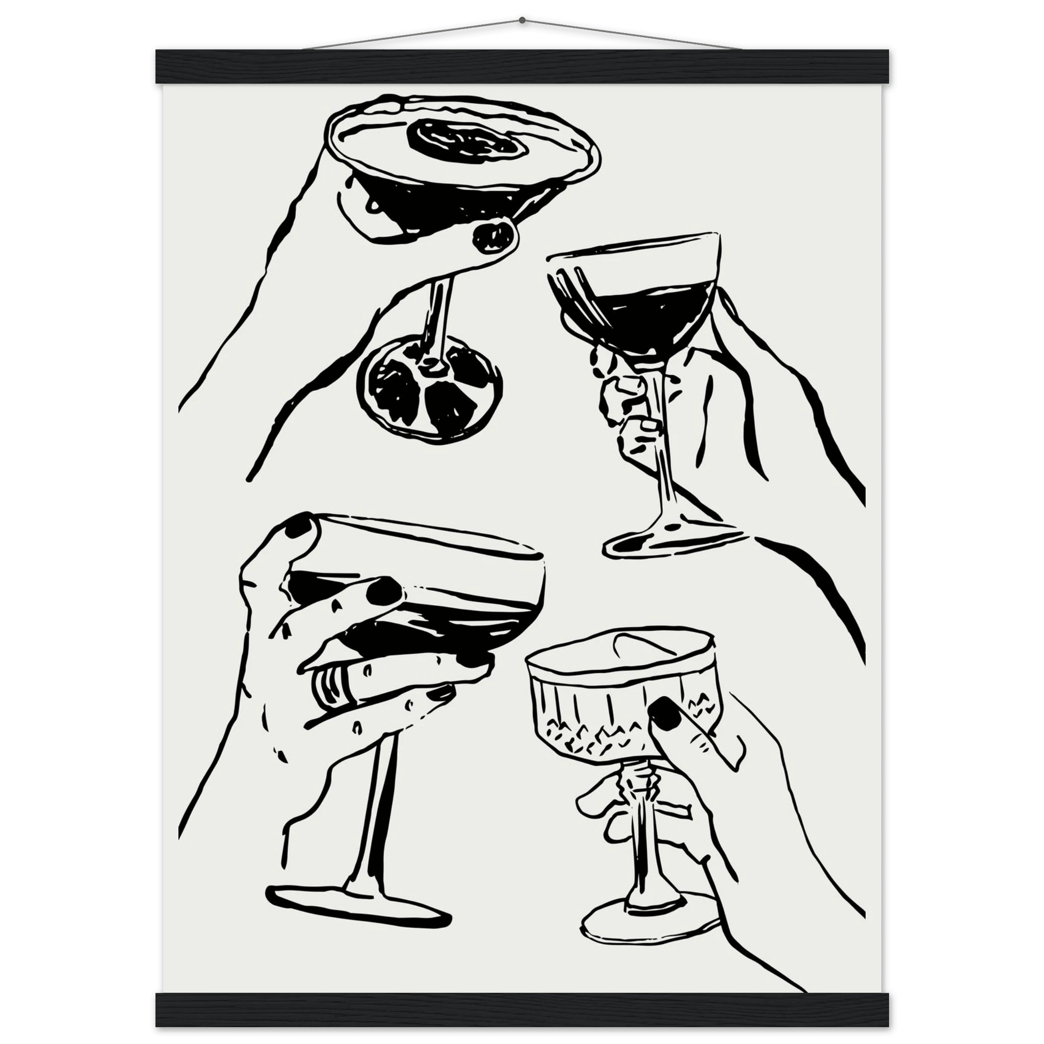 Cheers Print | Black Line Art Cocktail Glasses Wall Art | Kitchen Bar Poster - Evergreen Posters