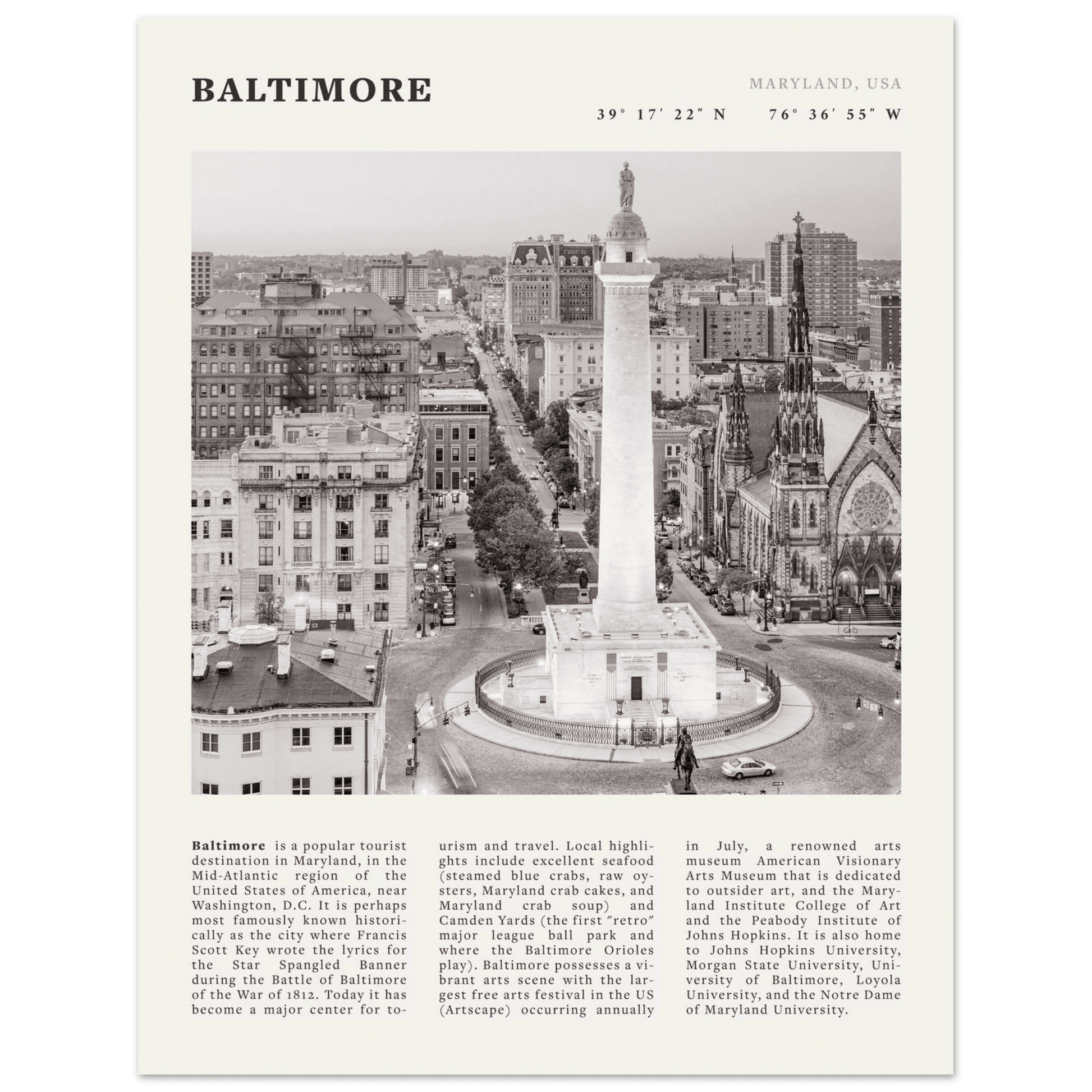 Baltimore Poster | Black & White Maryland City Wall Art | USA Travel Print - Evergreen Posters
