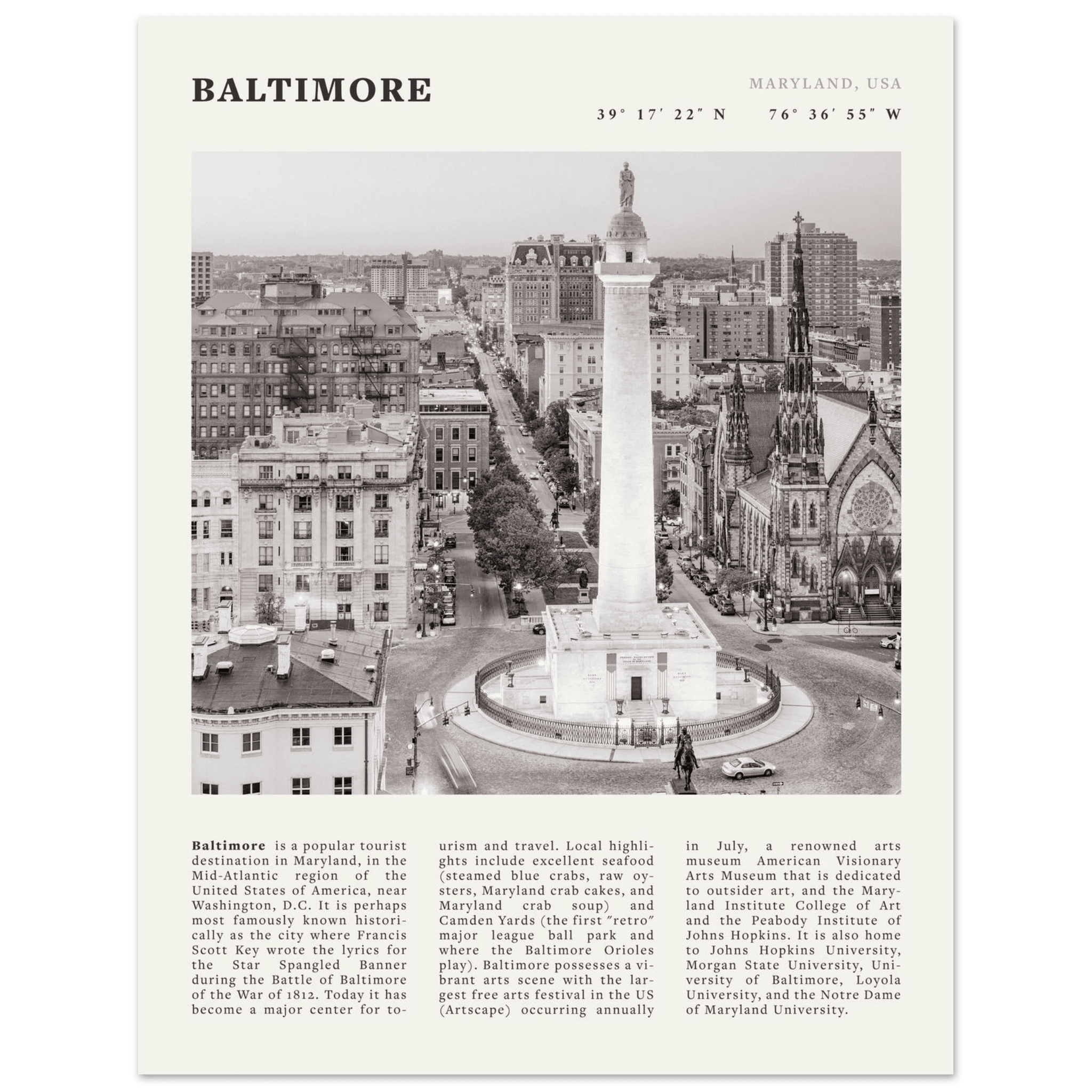 Baltimore Poster | Black & White Maryland City Wall Art | USA Travel Print - Evergreen Posters