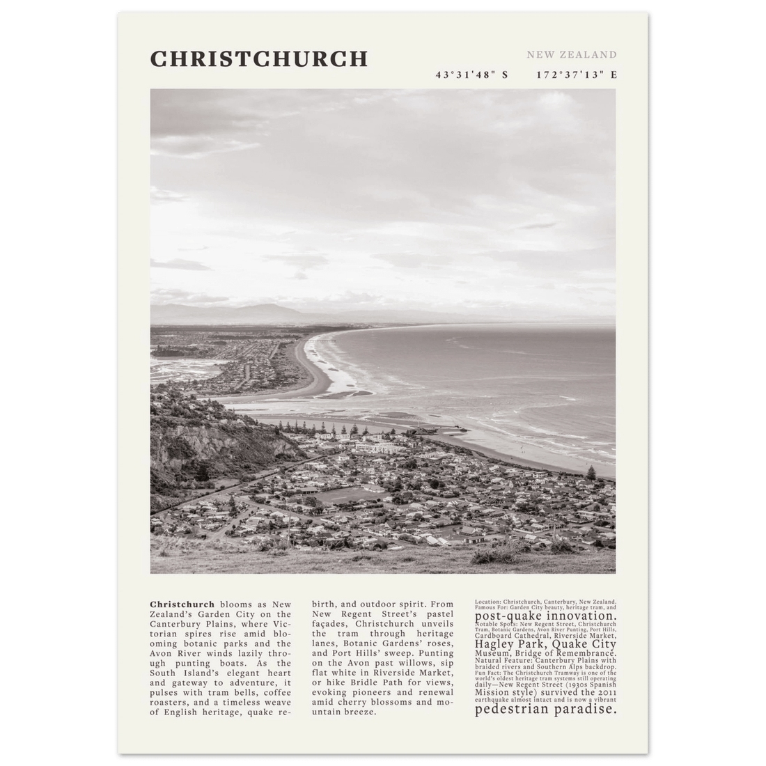 Christchurch New Zealand Poster Black and White – Vintage Garden City Panorama Print - Evergreen Posters