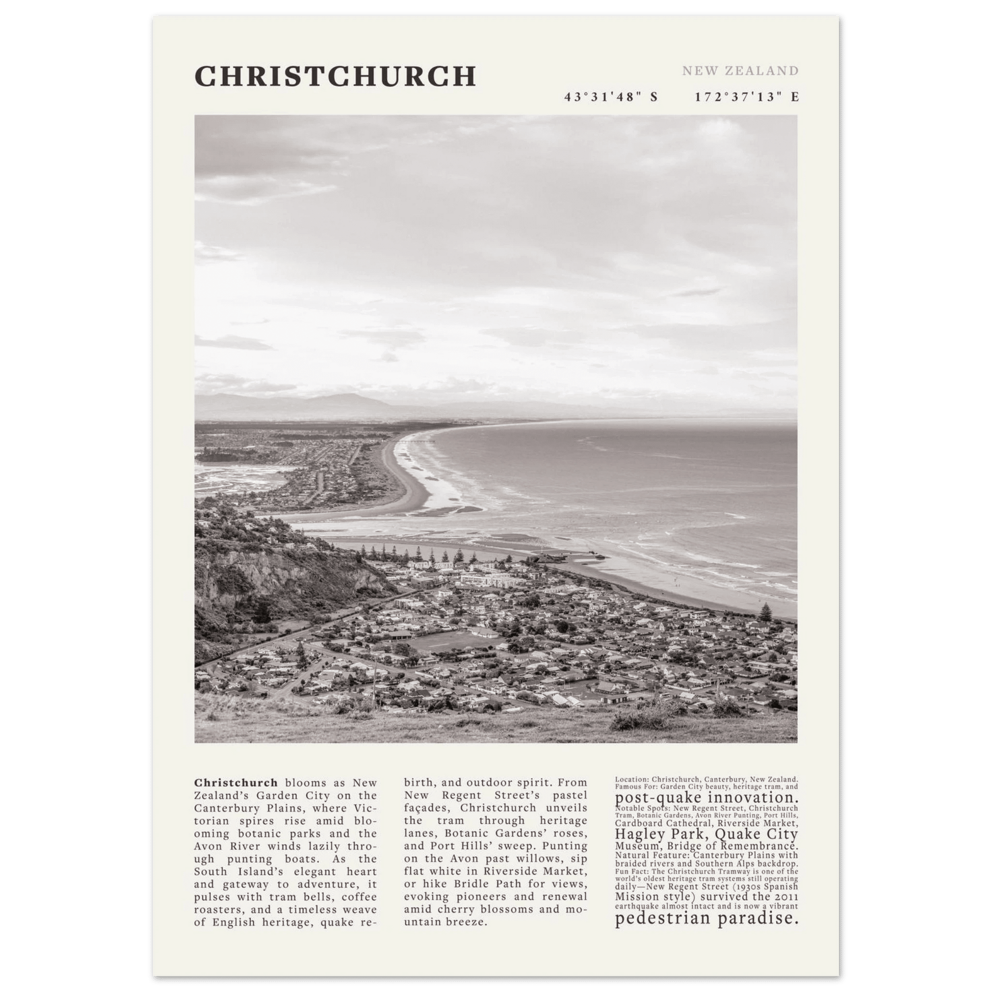Christchurch New Zealand Poster Black and White – Vintage Garden City Panorama Print - Evergreen Posters