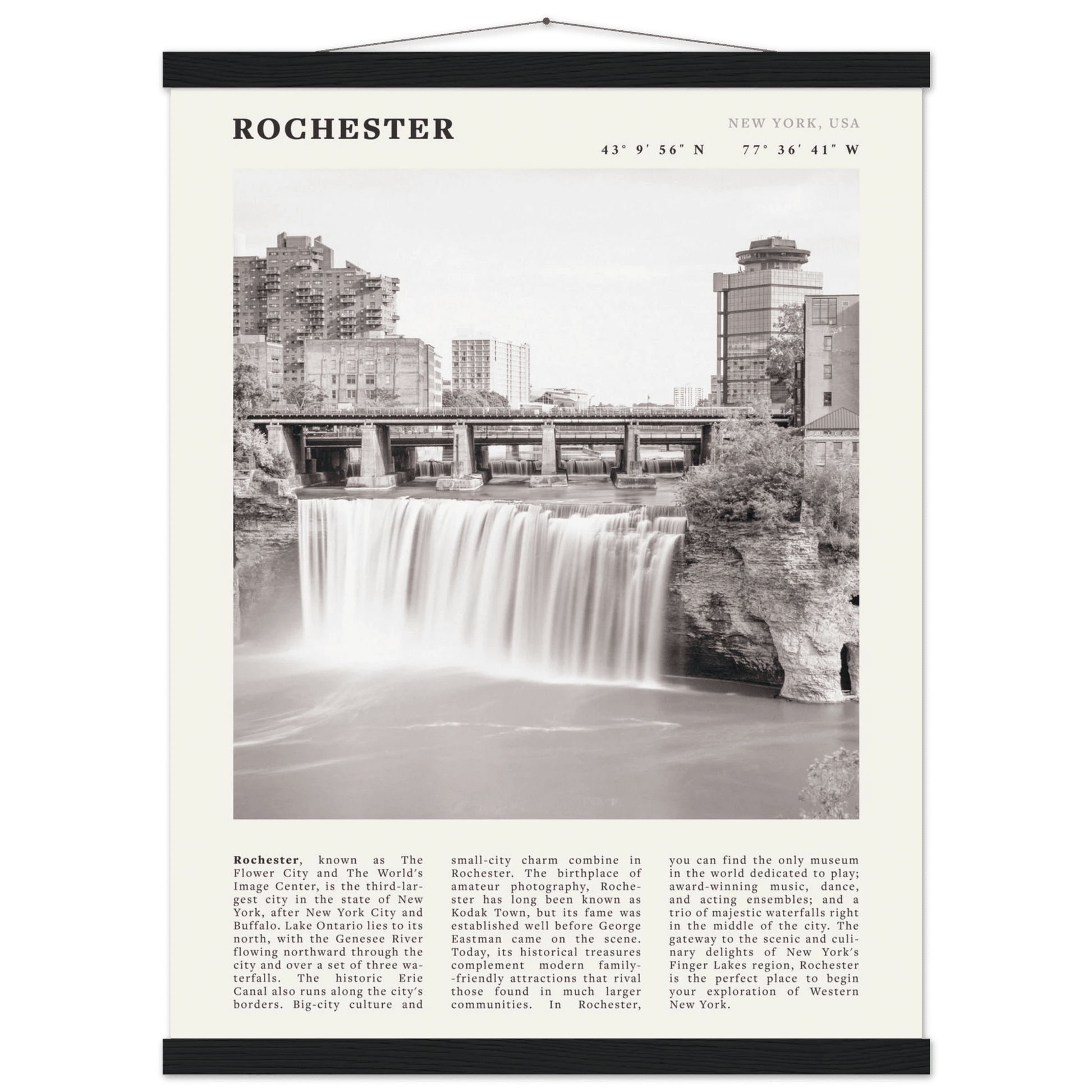 Rochester Poster | Black & White High Falls Wall Art | New York Travel Print - Evergreen Posters