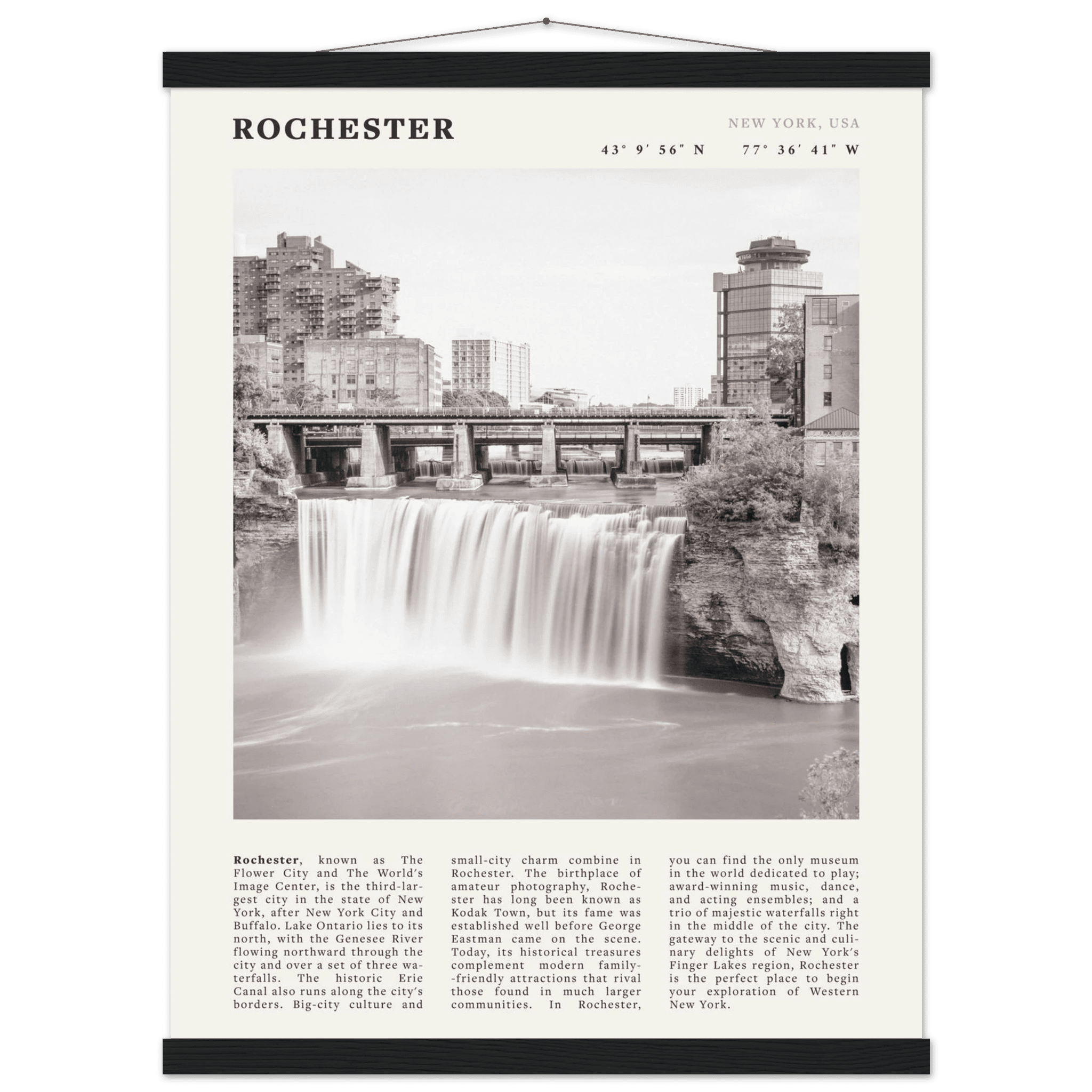 Rochester Poster | Black & White High Falls Wall Art | New York Travel Print - Evergreen Posters