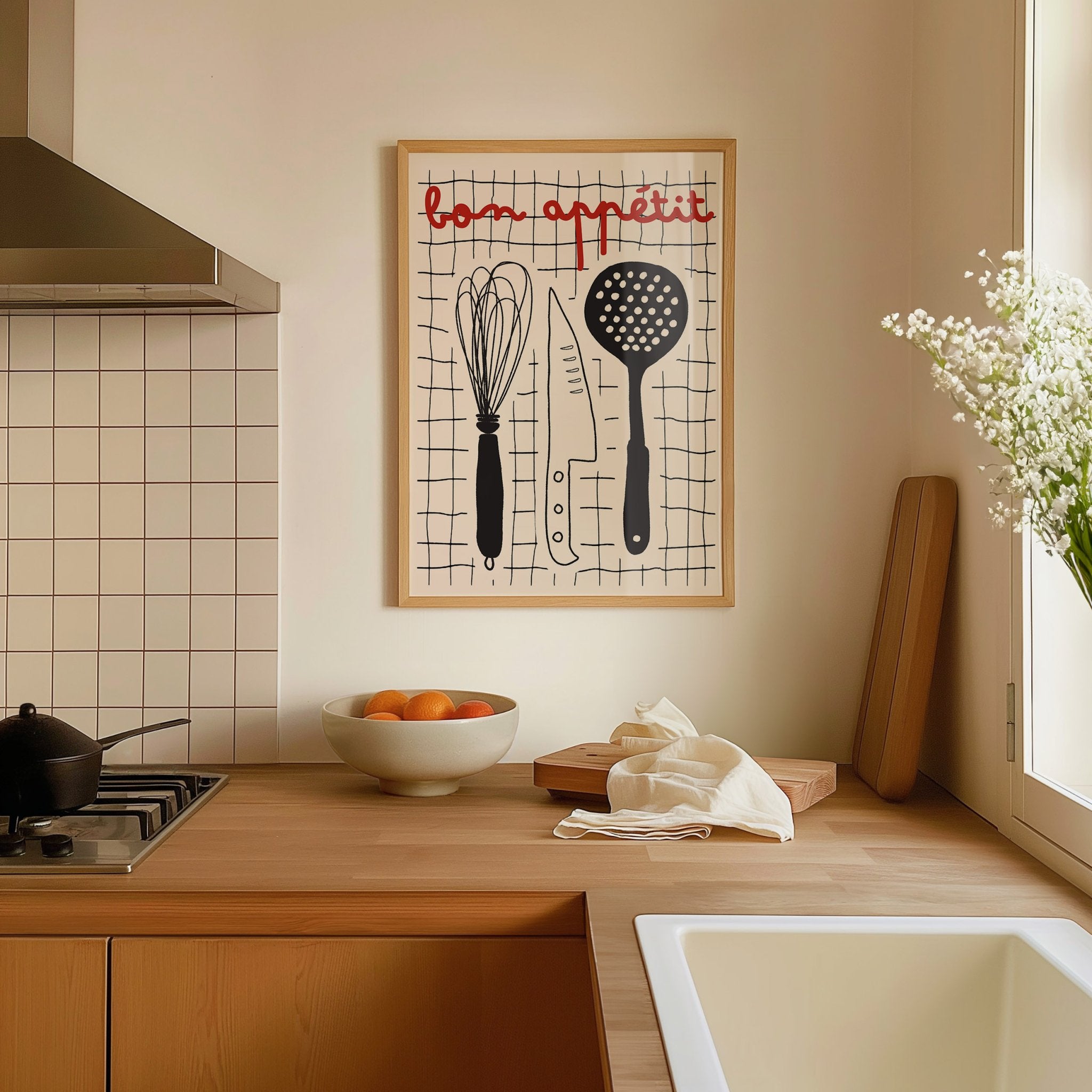 Bon Appétit French Kitchen Print | Bold Black Red Wall Art Poster - Evergreen Posters