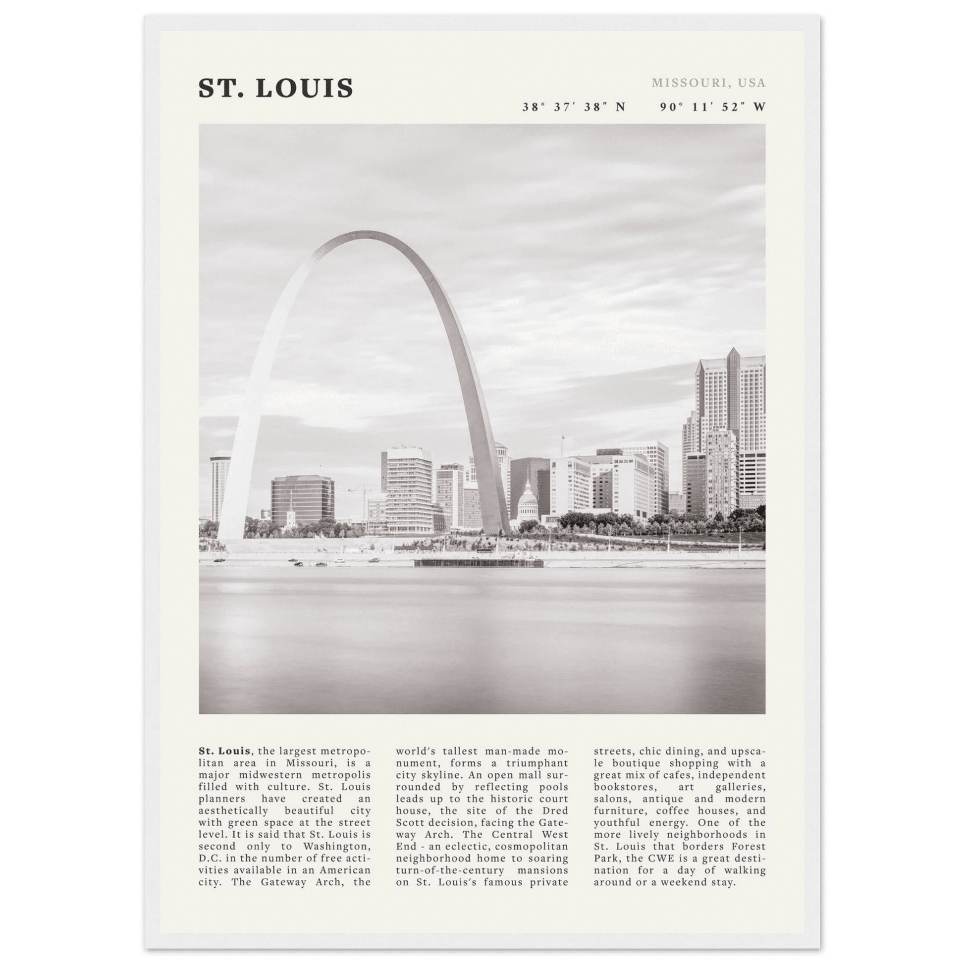 St. Louis Poster | Black & White Gateway Arch Wall Art | Missouri Travel Print - Evergreen Posters