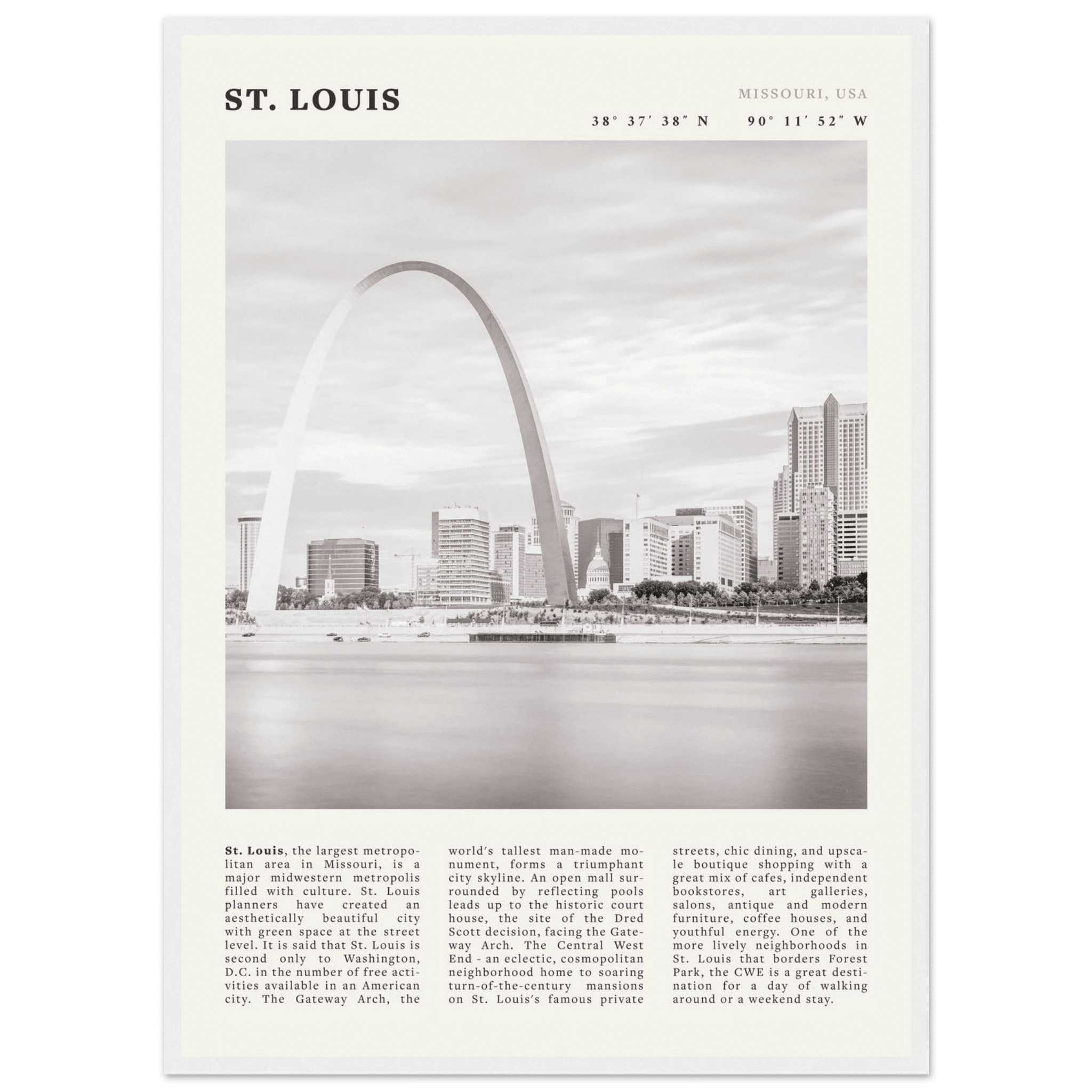 St. Louis Poster | Black & White Gateway Arch Wall Art | Missouri Travel Print - Evergreen Posters